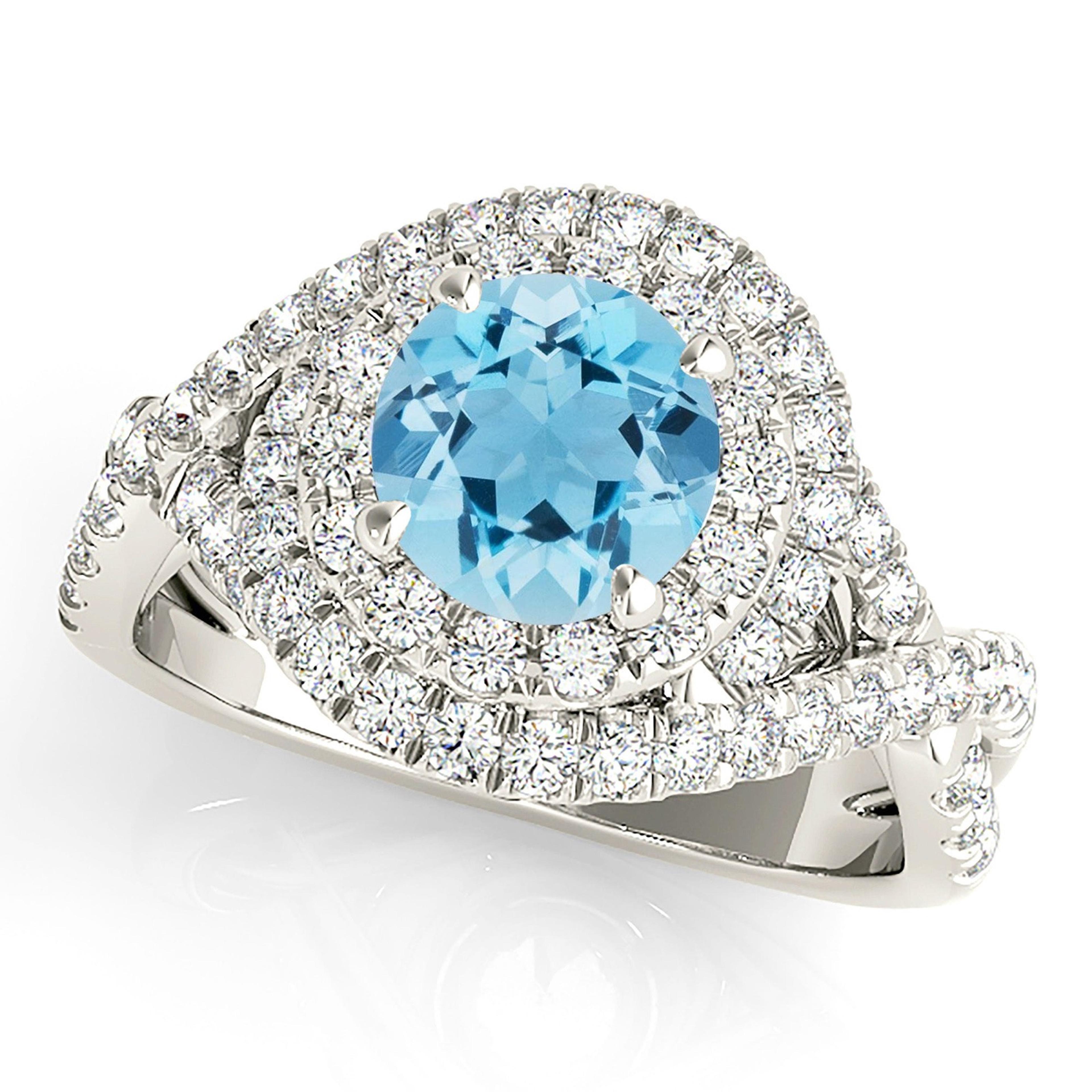 1.10 ct. Genuine Aquamarine Ring With 0.70 ctw. Diamond Wraparound Floral Halo And Braid Design Band | Round Blue Aquamarine Halo Ring-VIRABYANI