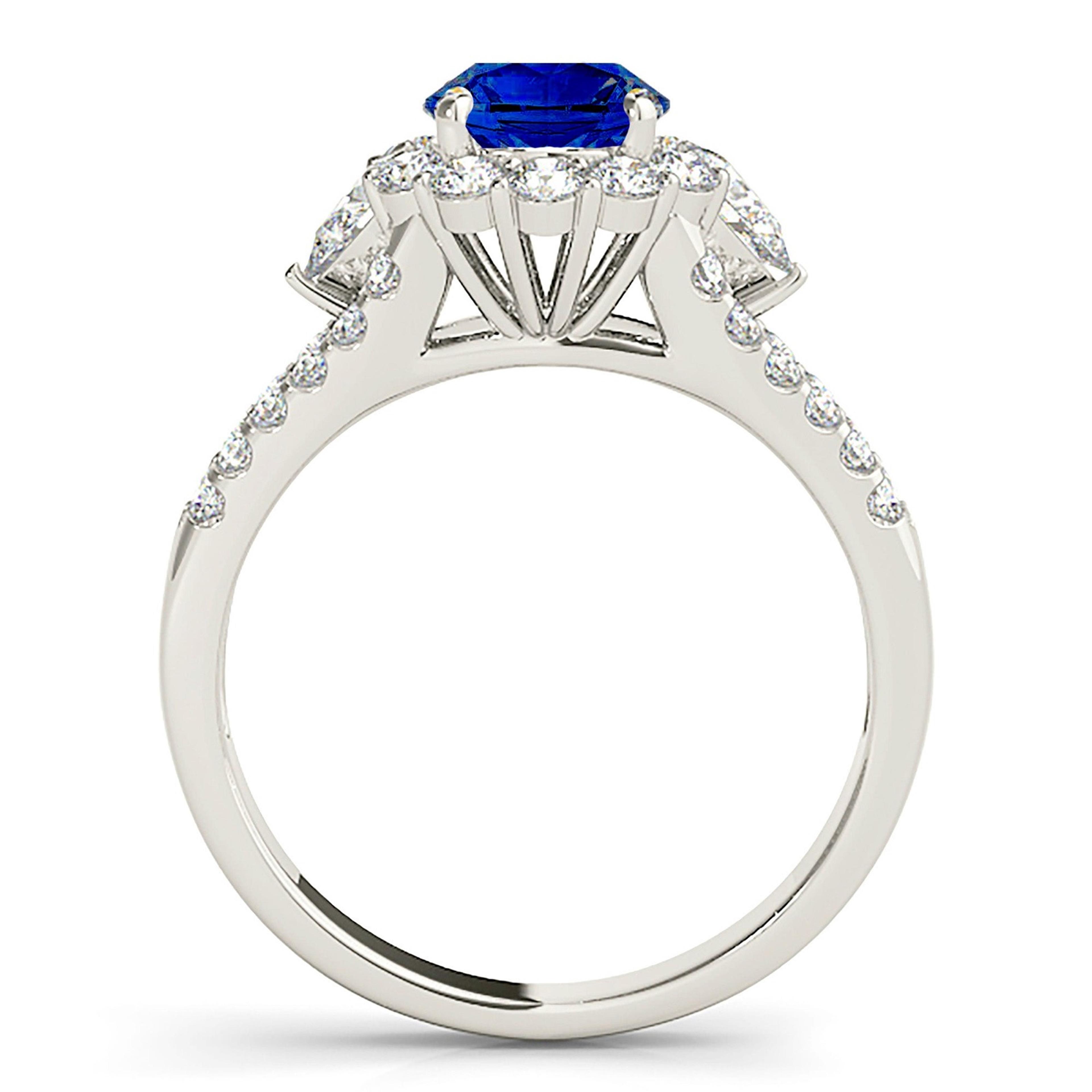 1.35 ct. Genuine Blue Sapphire Split Shank Halo Ring With 0.90 ctw. Round and Pear Shape Diamonds-VIRABYANI