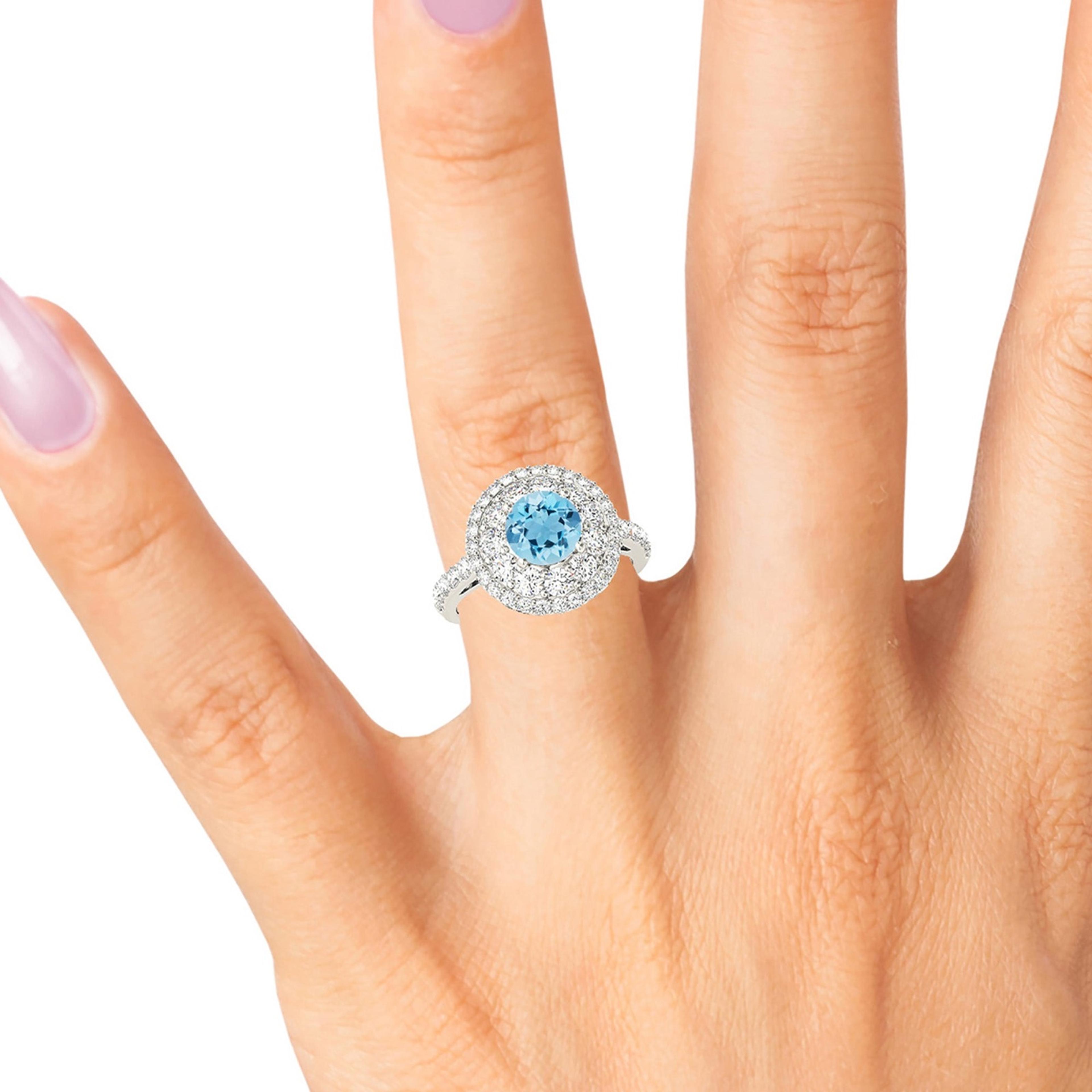 1.10 ct. Genuine Aquamarine Ring With 1.00 ctw. Diamond Double Row Halo And Delicate Diamond band | Round Blue Aquamarine Halo Ring-VIRABYANI