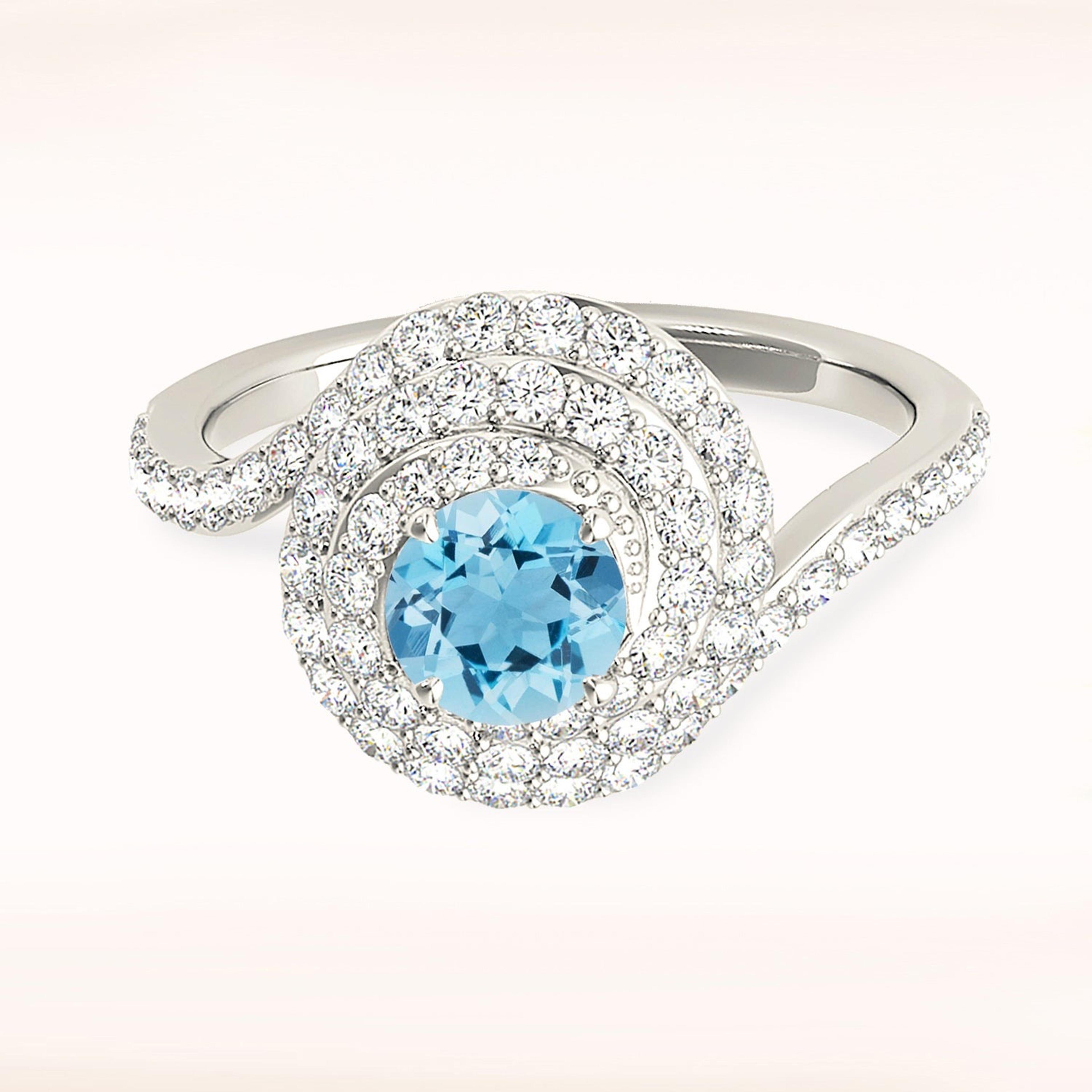 0.83 ct. Genuine Aquamarine Ring With 0.65 ctw. Diamond Triple Row Wrap Around Halo, Delicate Diamond Band | Round Blue Aquamarine Halo Ring-VIRABYANI