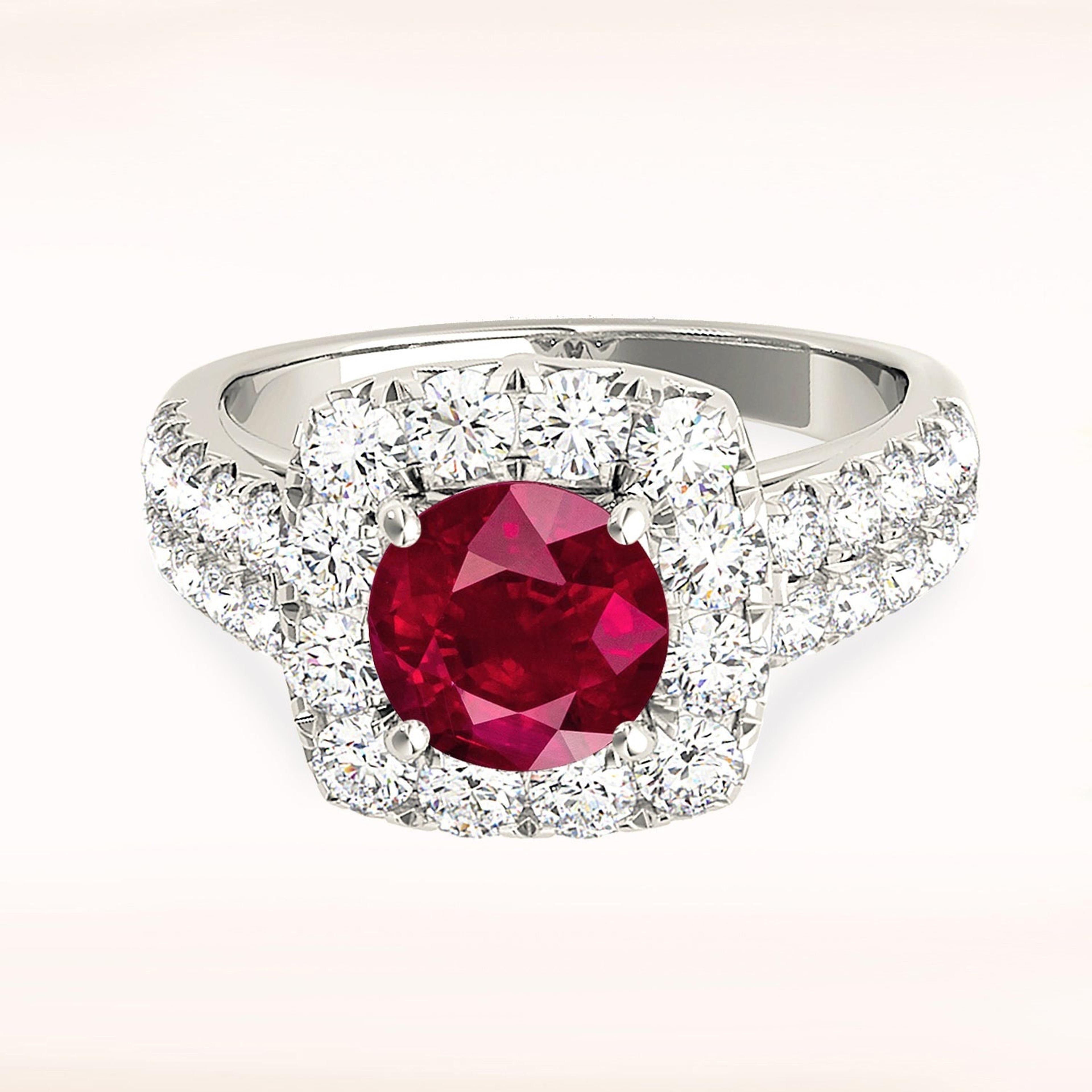 2.35 ct. Genuine Ruby Ring With 1.00 ctw. Diamond Halo And Double Row Diamond Band, Floral Basket-VIRABYANI