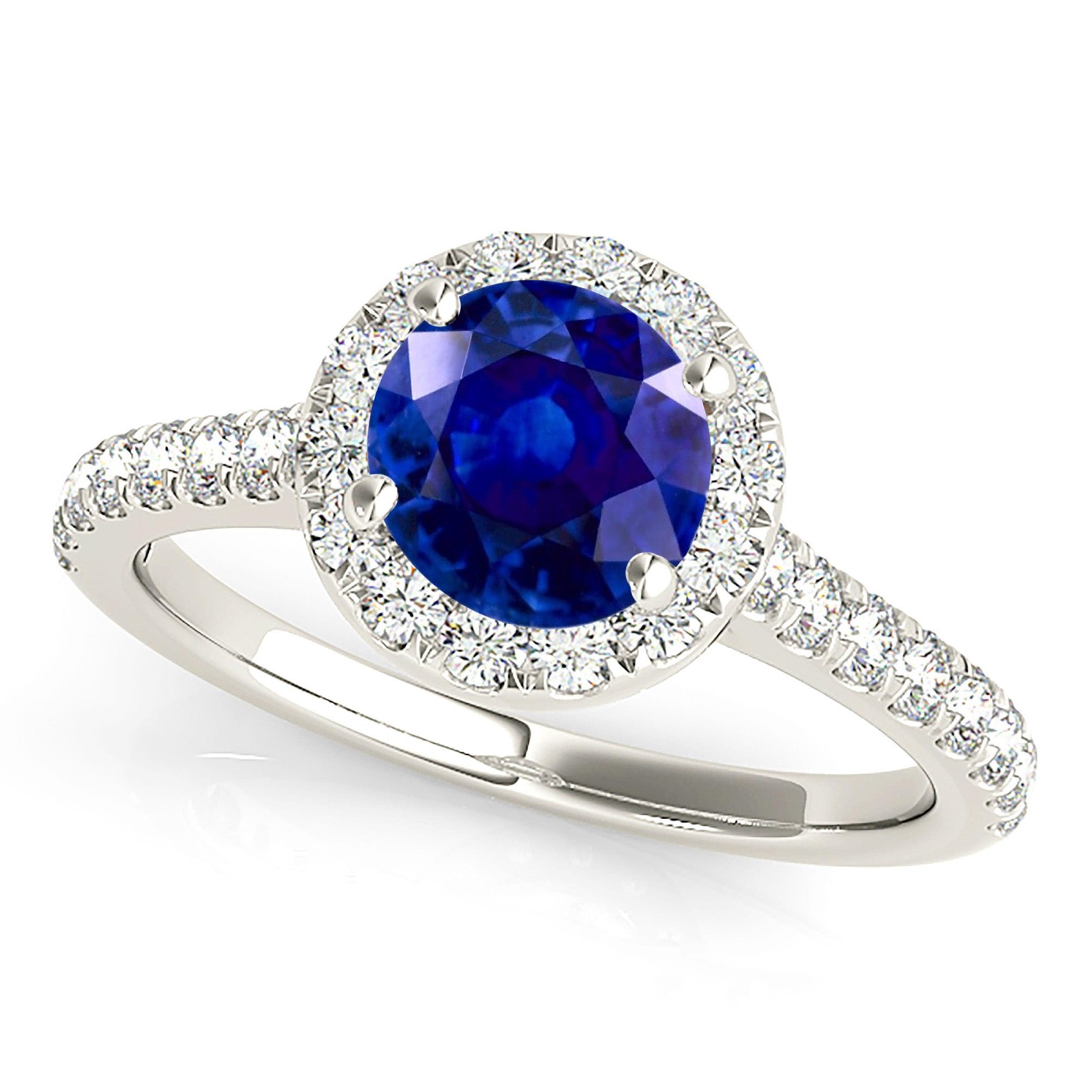 1.35 ct. Genuine Blue Sapphire Halo Ring With 0.35 ctw. Side Diamonds-VIRABYANI