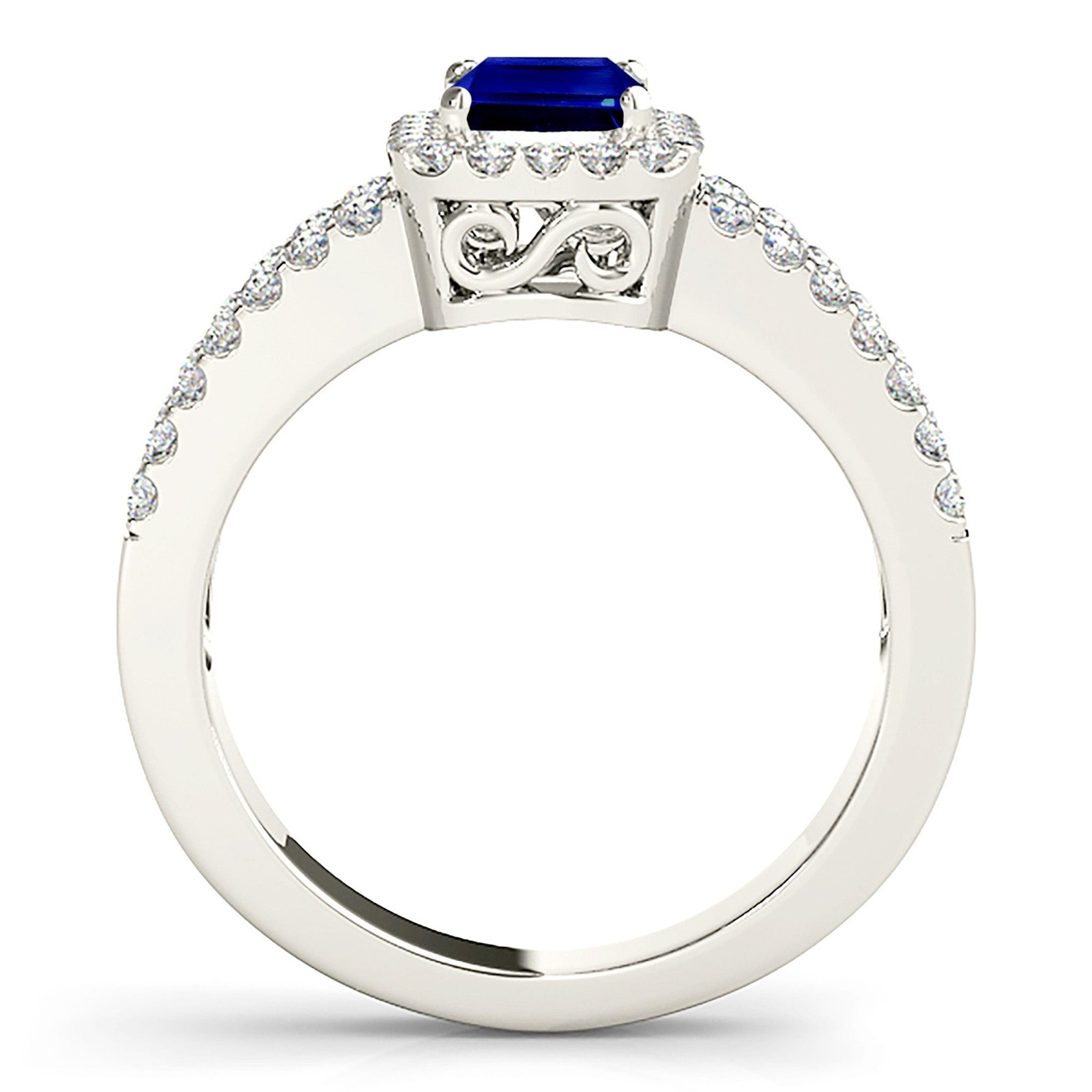 1.15 ct. Genuine Blue Emerald Cut Sapphire Ring With 0.50 ctw. Diamond Halo, Split Open Diamond Shank | Natural Sapphire And Diamond Ring-VIRABYANI