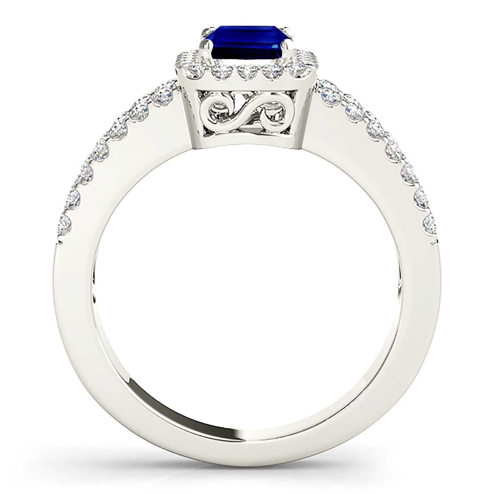 1.15 ct. Genuine Blue Emerald Cut Sapphire Ring With 0.50 ctw. Diamond Halo, Split Open Diamond Shank | Natural Sapphire And Diamond Ring-VIRABYANI