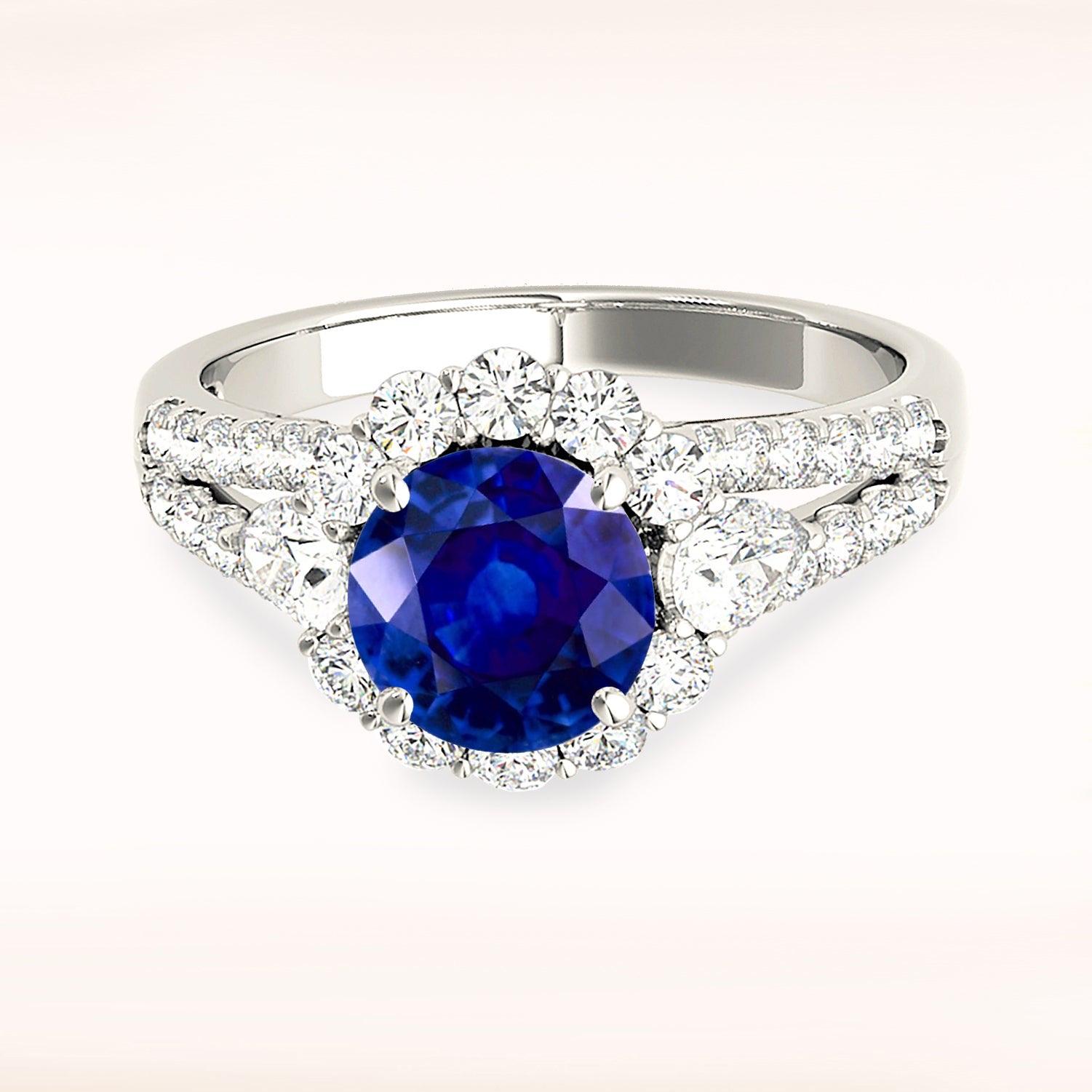 1.35 ct. Genuine Blue Sapphire Split Shank Halo Ring With 0.90 ctw. Round and Pear Shape Diamonds-VIRABYANI