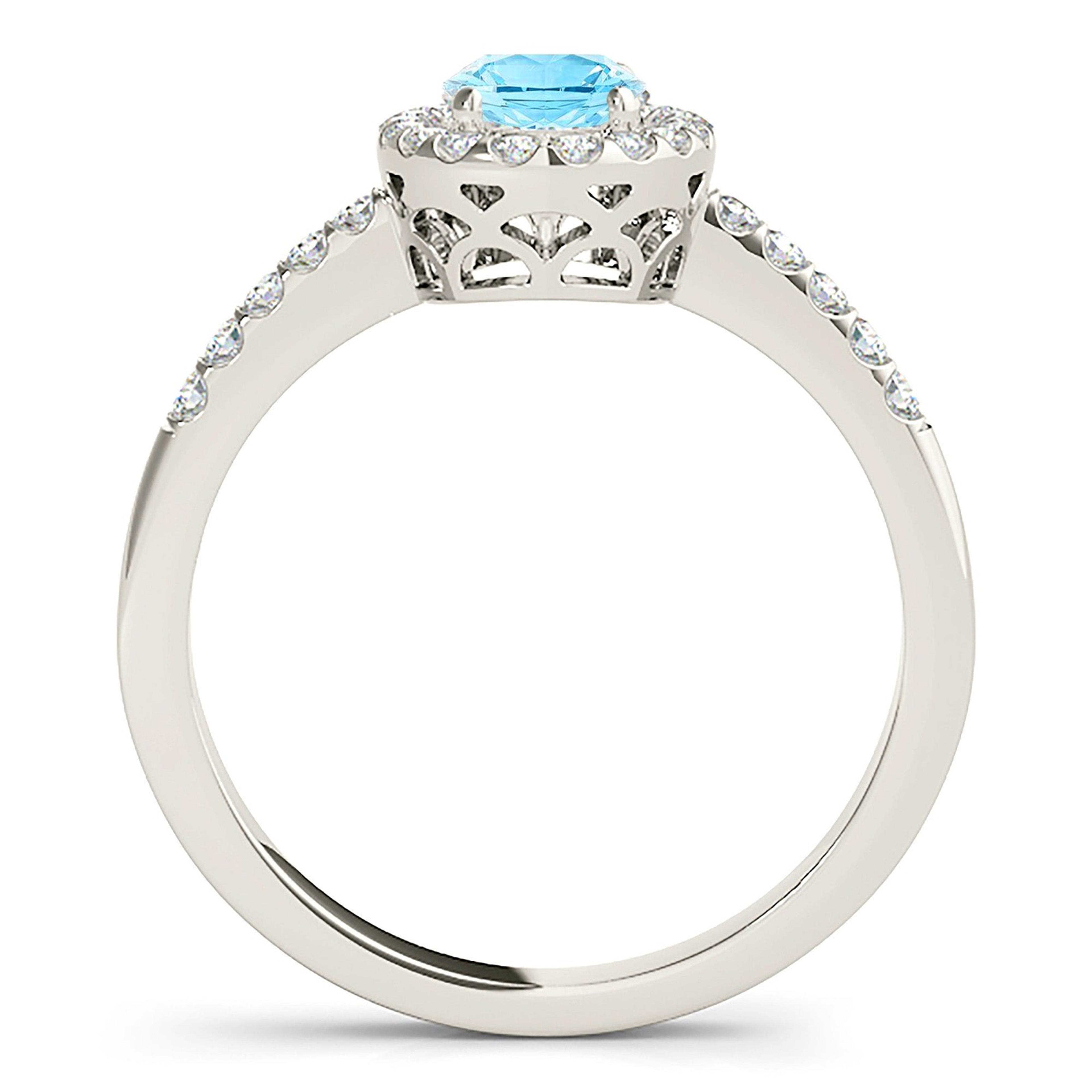 1.27 ct. Genuine Oval Aquamarine Ring With 0.25 ctw. Diamond Halo and Dainty Diamond Band | Oval Blue Aquamarine Halo Ring-VIRABYANI