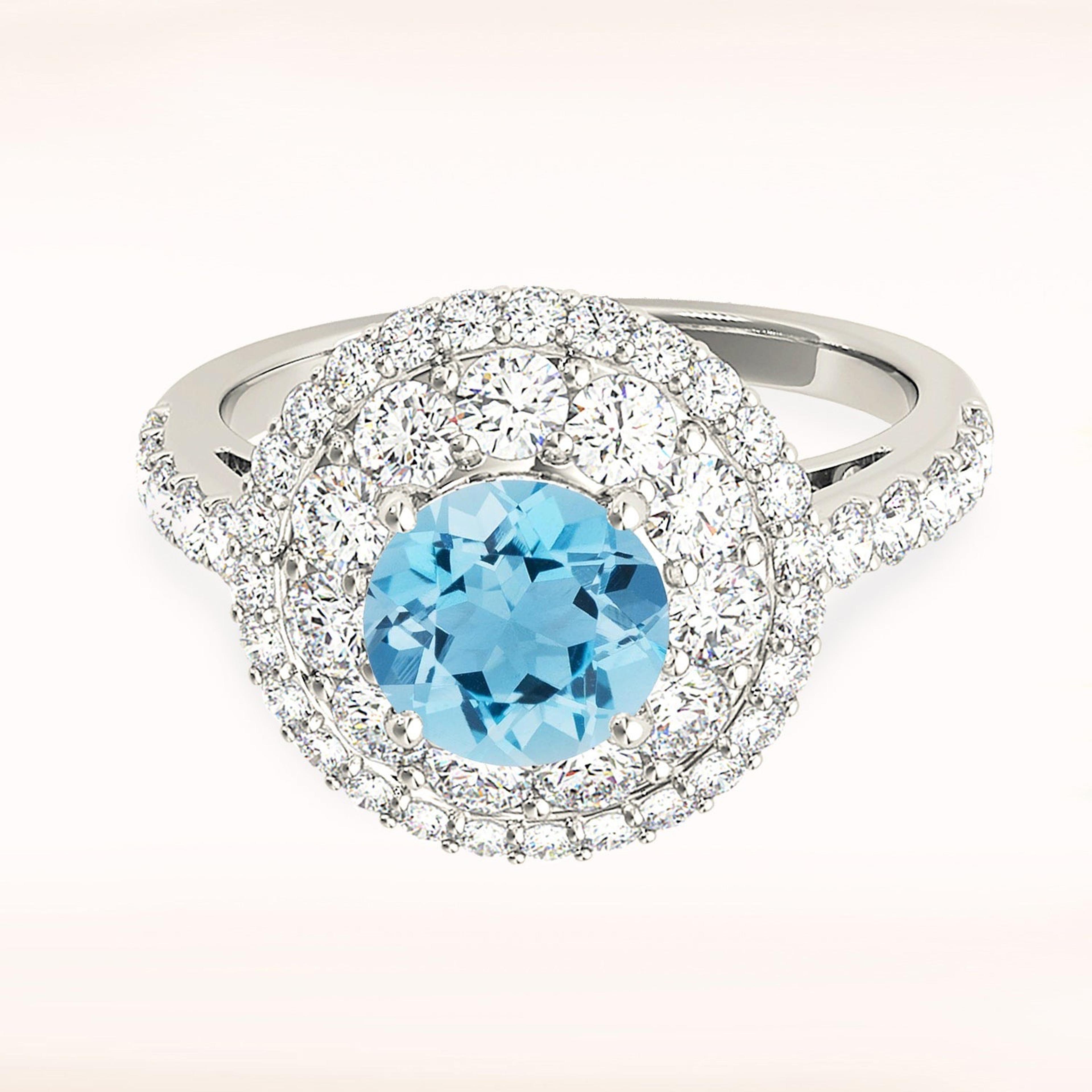 1.10 ct. Genuine Aquamarine Ring With 1.00 ctw. Diamond Double Row Halo And Delicate Diamond band | Round Blue Aquamarine Halo Ring-VIRABYANI