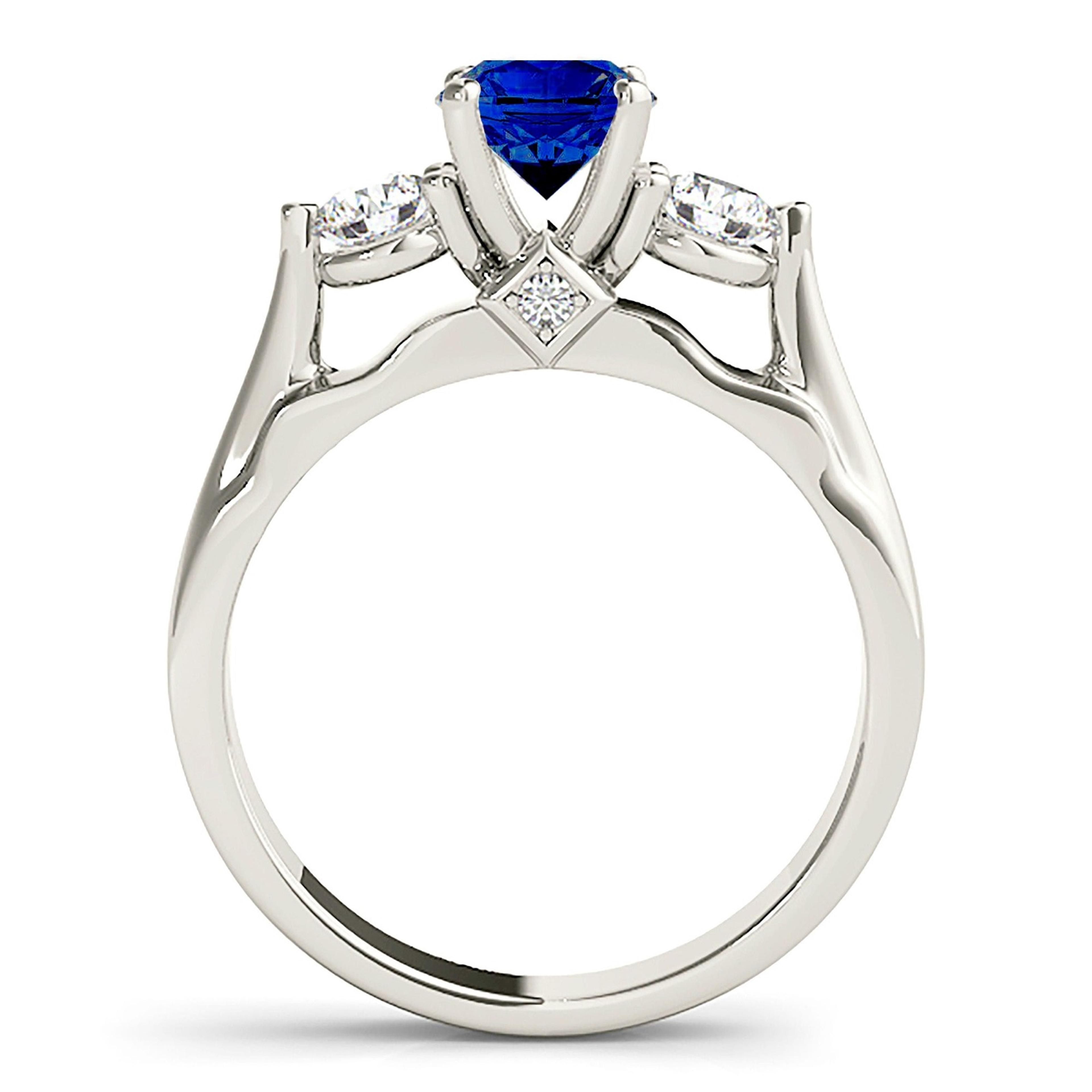 1.35 ct. Genuine Blue Sapphire Three Stone Ring With 0.40 ctw. Diamonds-VIRABYANI
