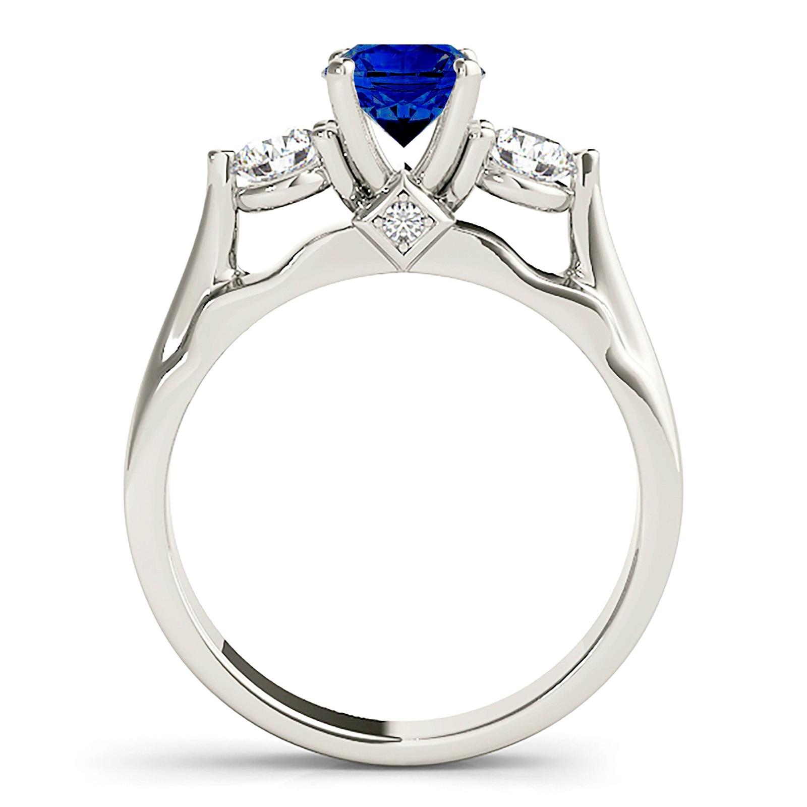 1.35 ct. Genuine Blue Sapphire Three Stone Ring With 0.40 ctw. Diamonds-VIRABYANI