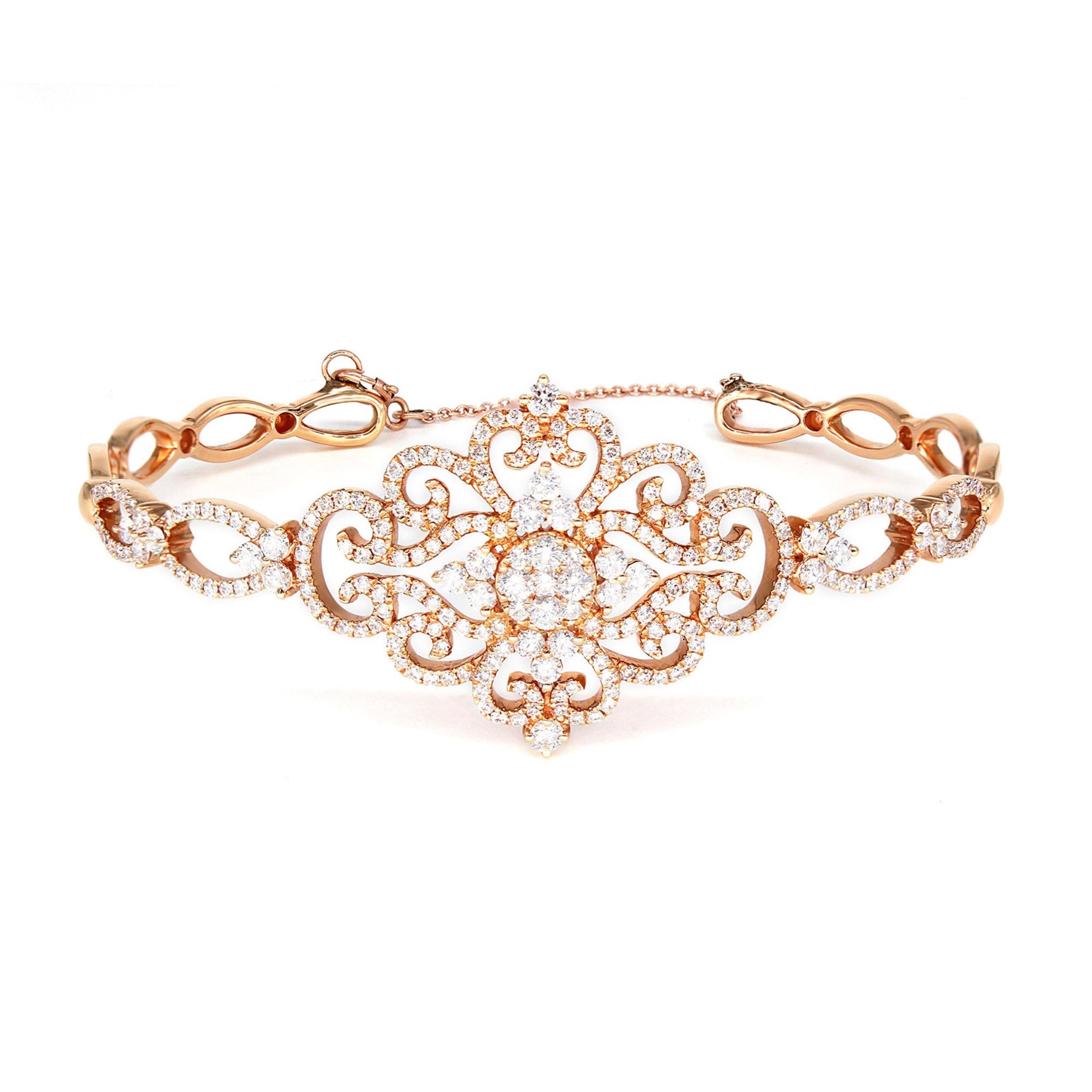 1.95ctw Diamond Vintage Cuff Bracelet With Security Chain-VIRABYANI