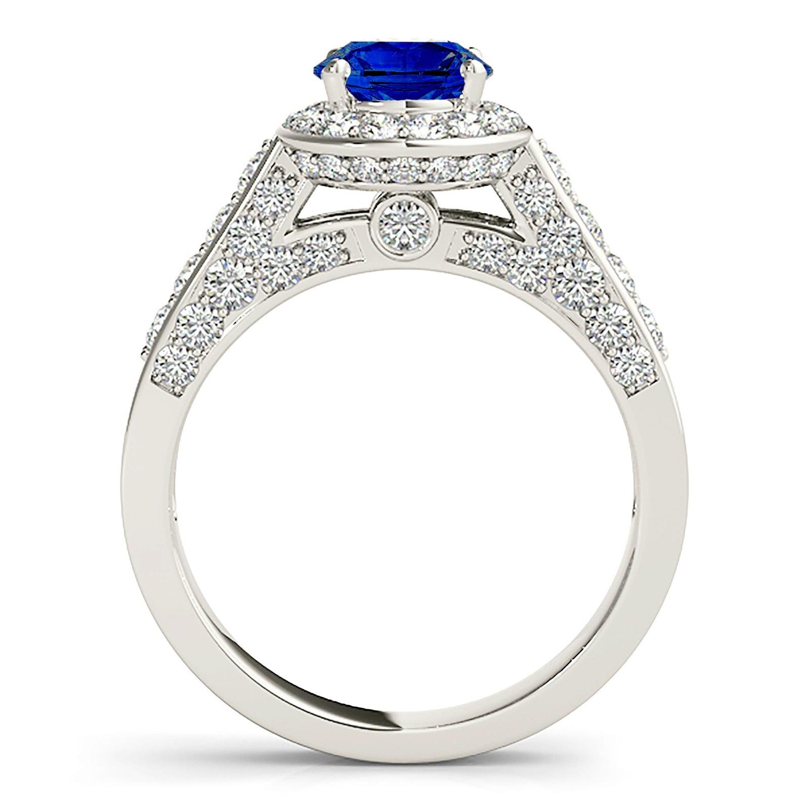 1.35 ct. Genuine Blue Sapphire Prong Set Halo Ring With 0.75 ctw. Under Halo, Accent and Side Diamonds-VIRABYANI