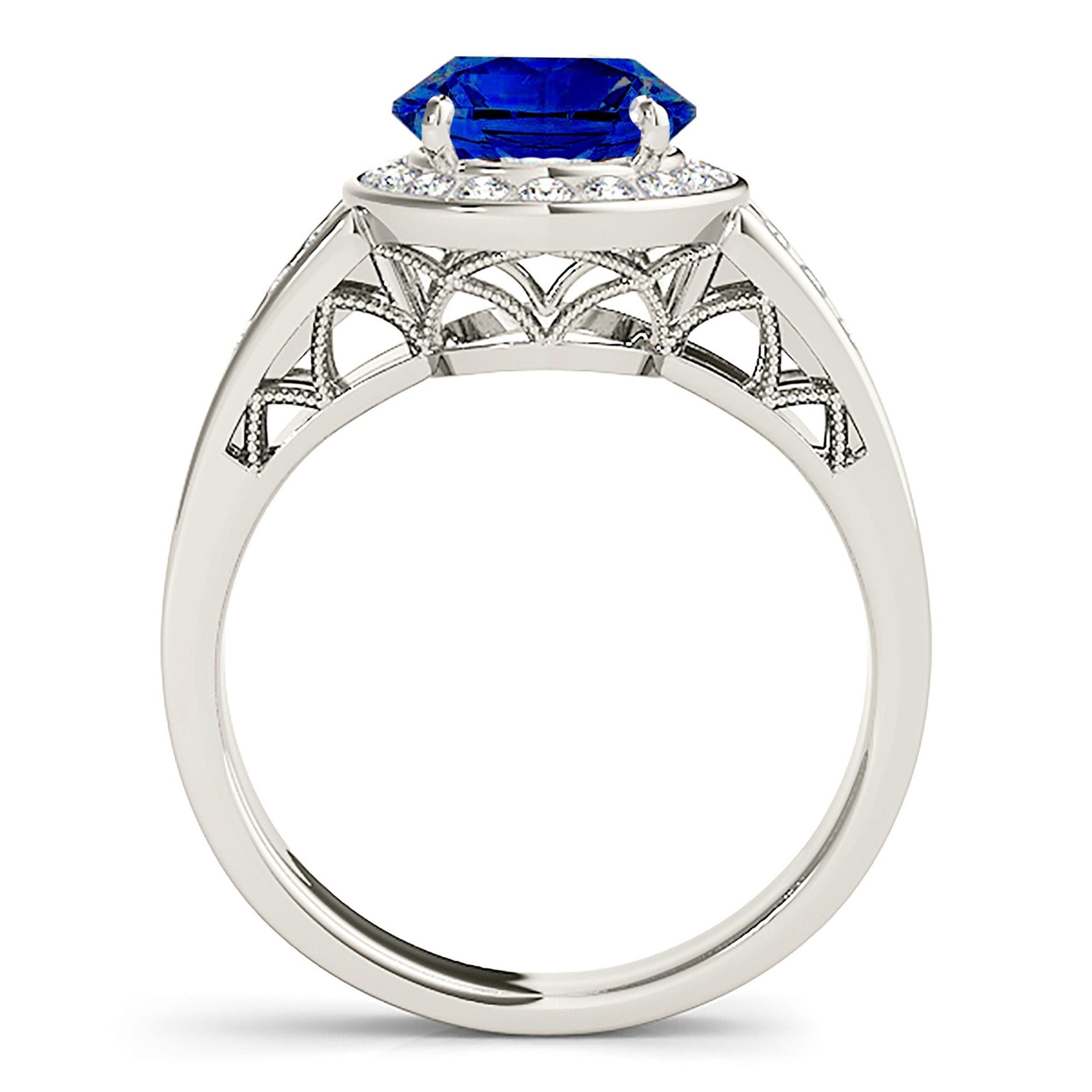 2.41 ct. Genuine Blue Sapphire Halo Ring With 0.20 ctw. Side Diamonds-VIRABYANI