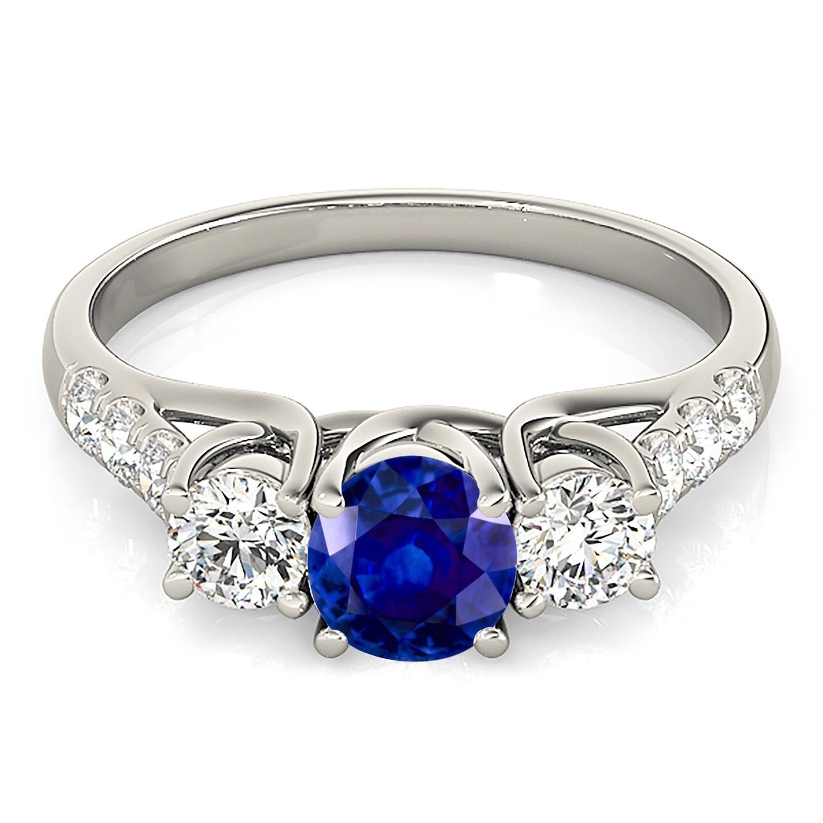 1.35 ct. Genuine Blue Sapphire Three Stone Ring With 0.55 ctw. Side Diamonds-VIRABYANI