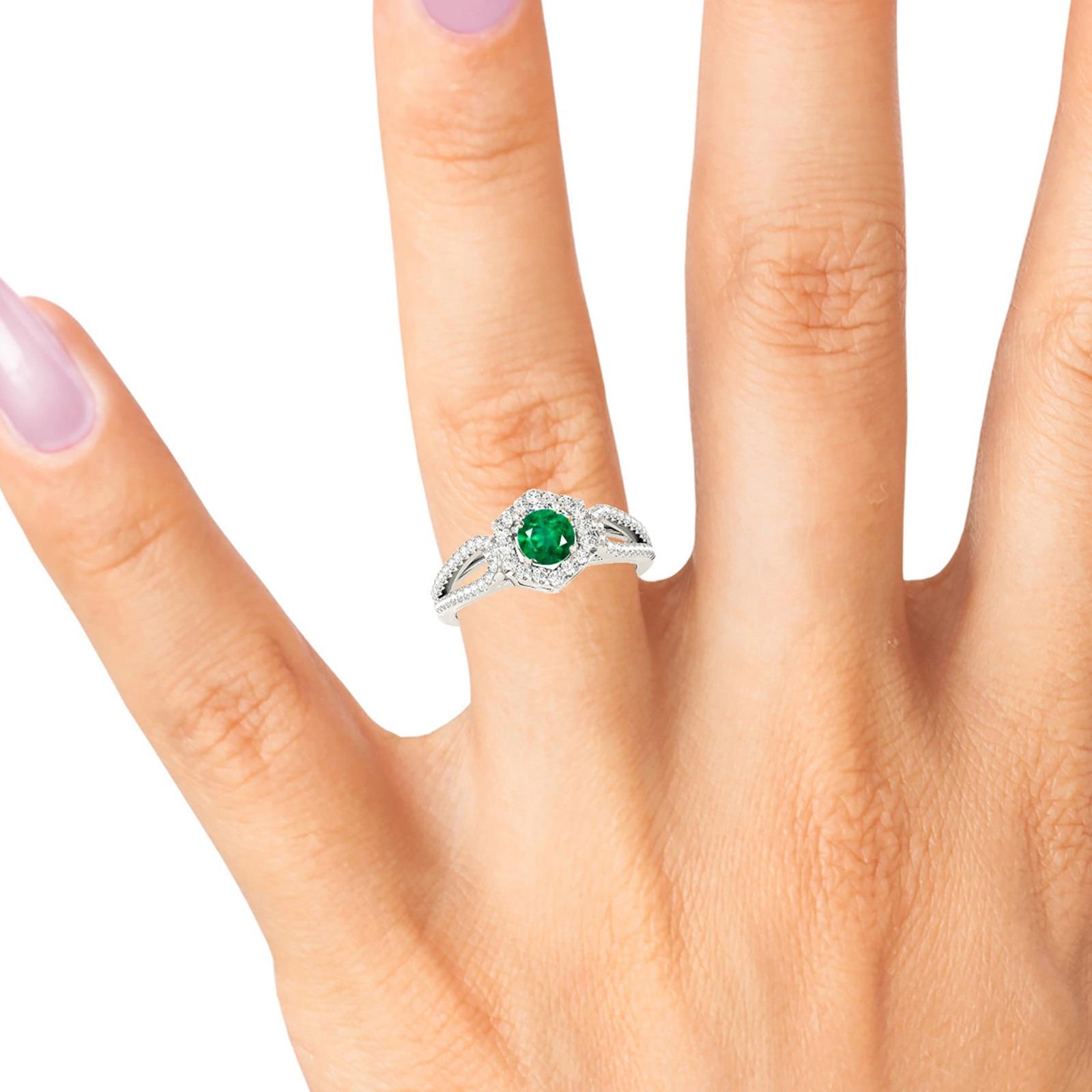 1.14 ct. Genuine Emerald Ring With 0.40 ctw. Diamond Halo And Open Leaf Shape Split Band-VIRABYANI