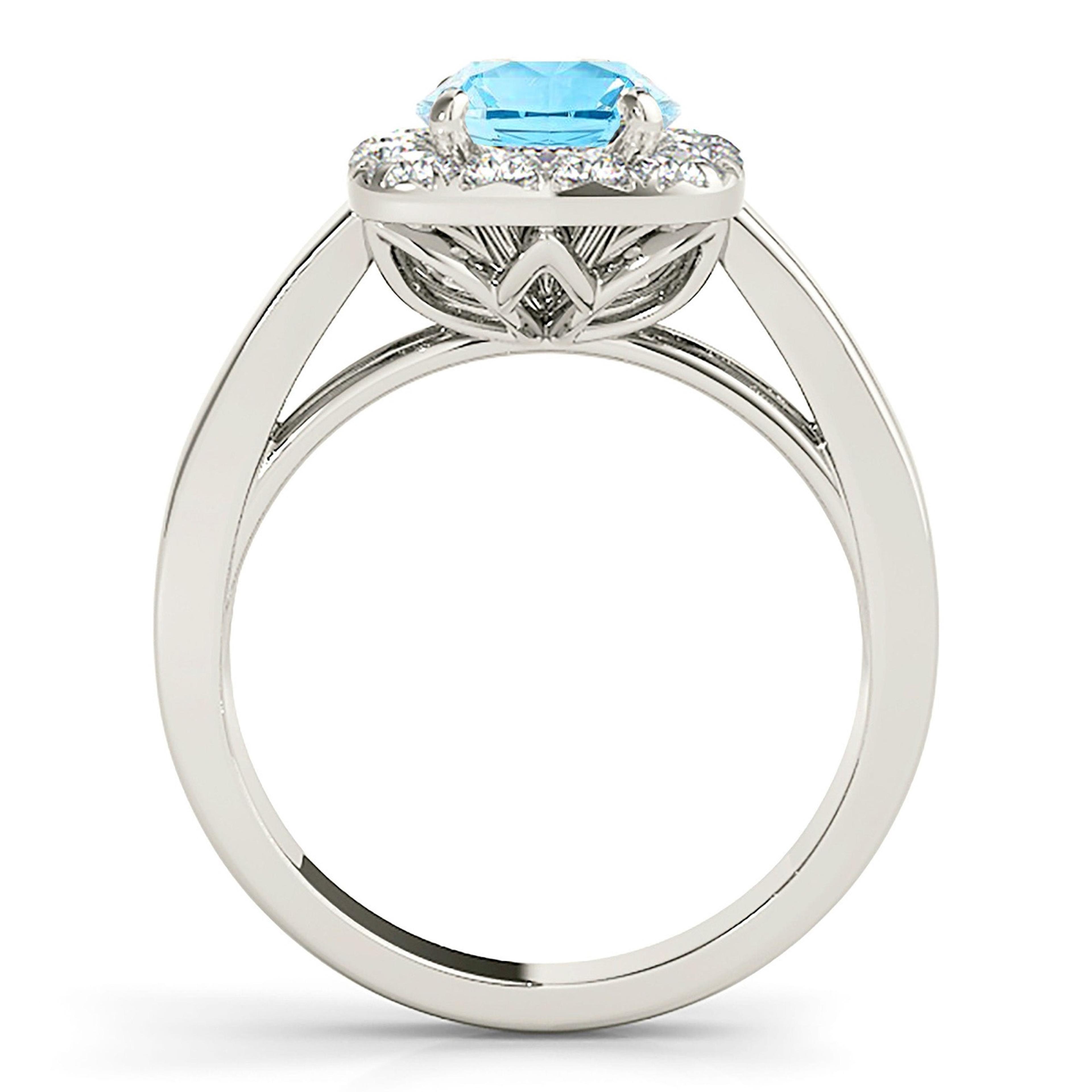 2.00 ct. Genuine Aquamarine Ring With 0.50 ctw. Diamond Cushion Halo And Solid Gold Wide Band | Round Blue Aquamarine Halo Ring-VIRABYANI