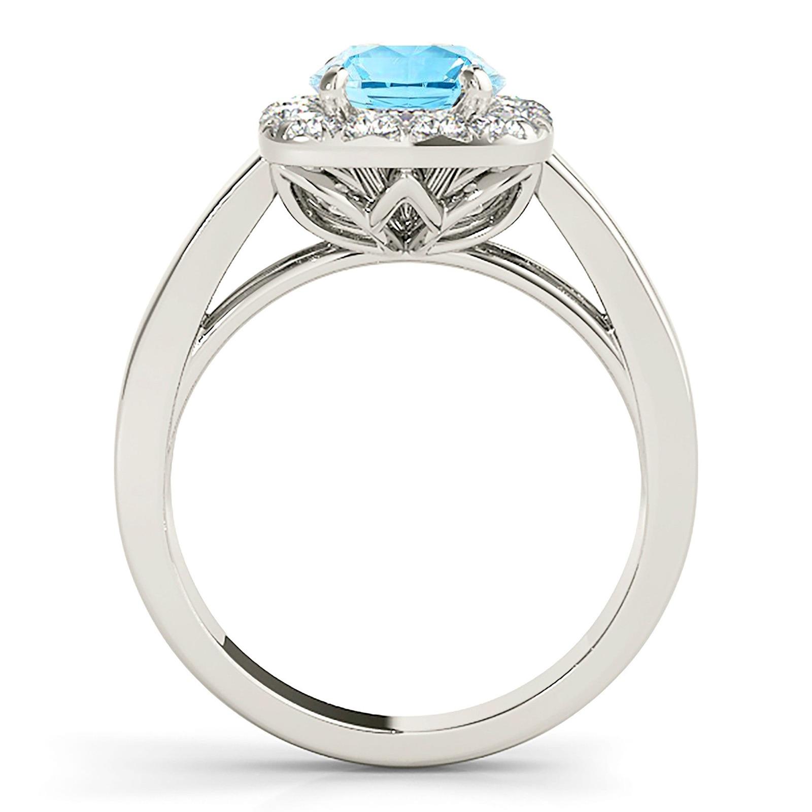 2.00 ct. Genuine Aquamarine Ring With 0.50 ctw. Diamond Cushion Halo And Solid Gold Wide Band | Round Blue Aquamarine Halo Ring-VIRABYANI