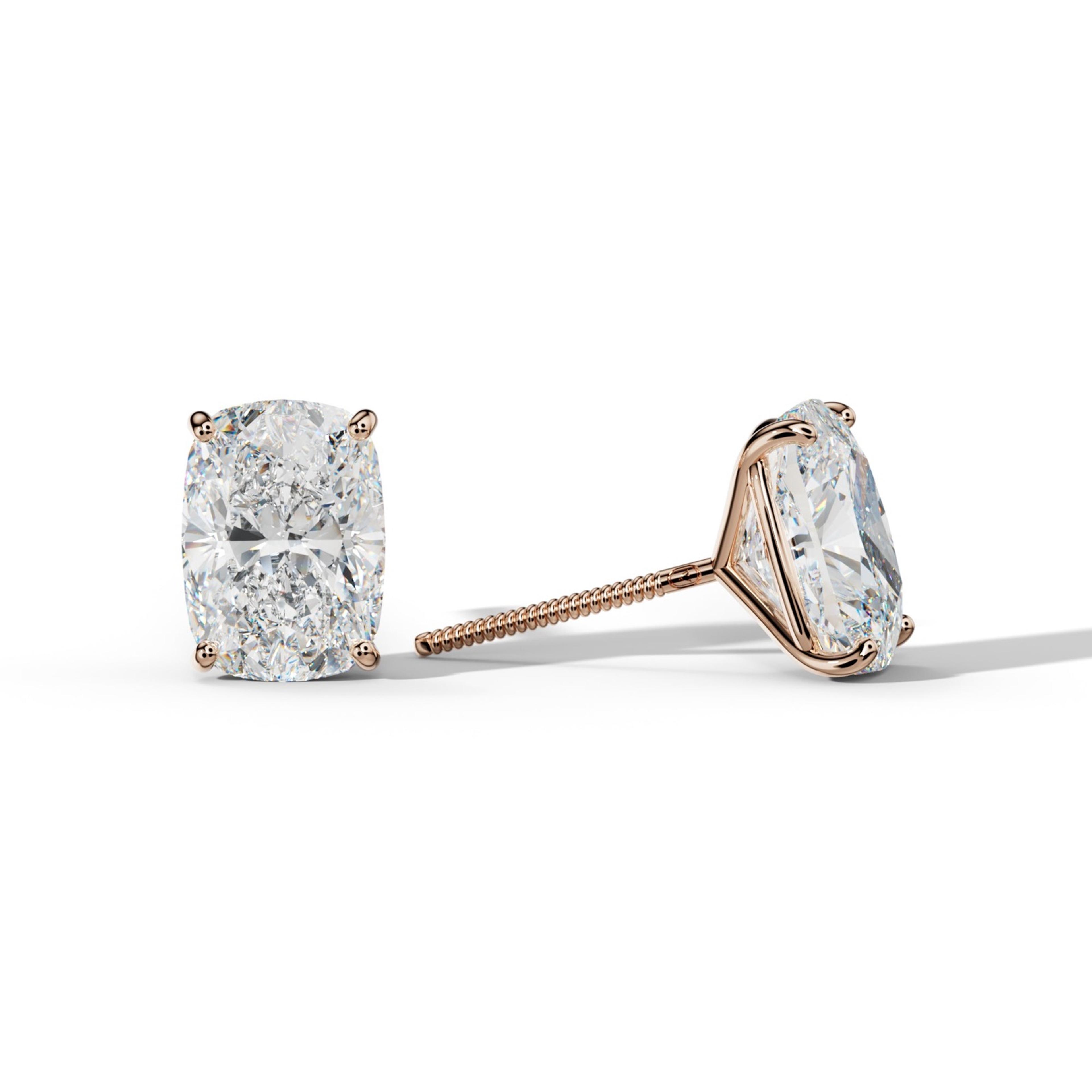 Elongated Cushion Diamond Stud Earrings With Four Classic Prong Martini Settings