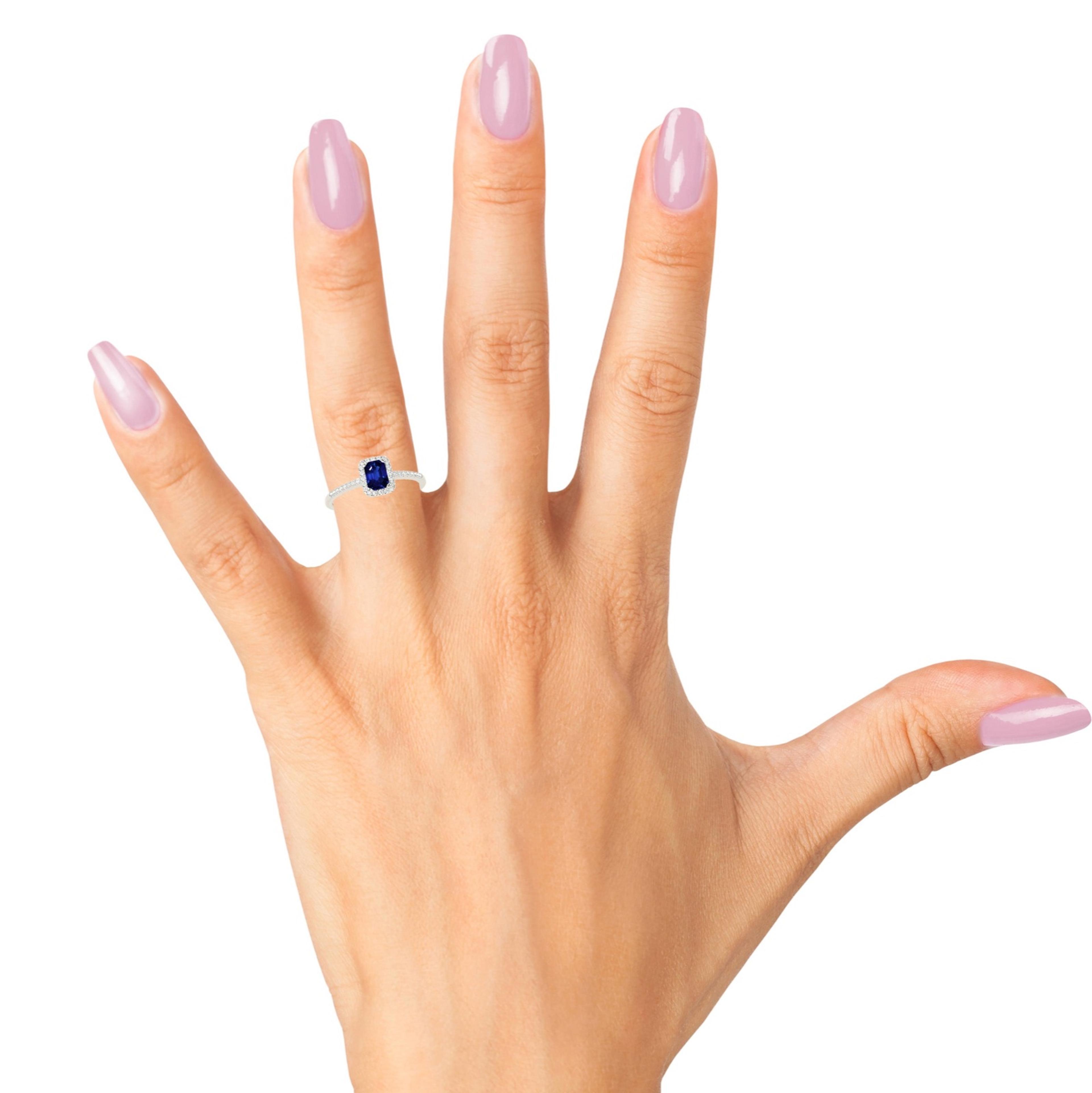 0.70 ct. Genuine Blue Emerald Cut Sapphire Ring With 0.20 ctw. Diamond Halo, Dainty Diamond Band| Natural Sapphire And Diamond Gemstone Ring-VIRABYANI