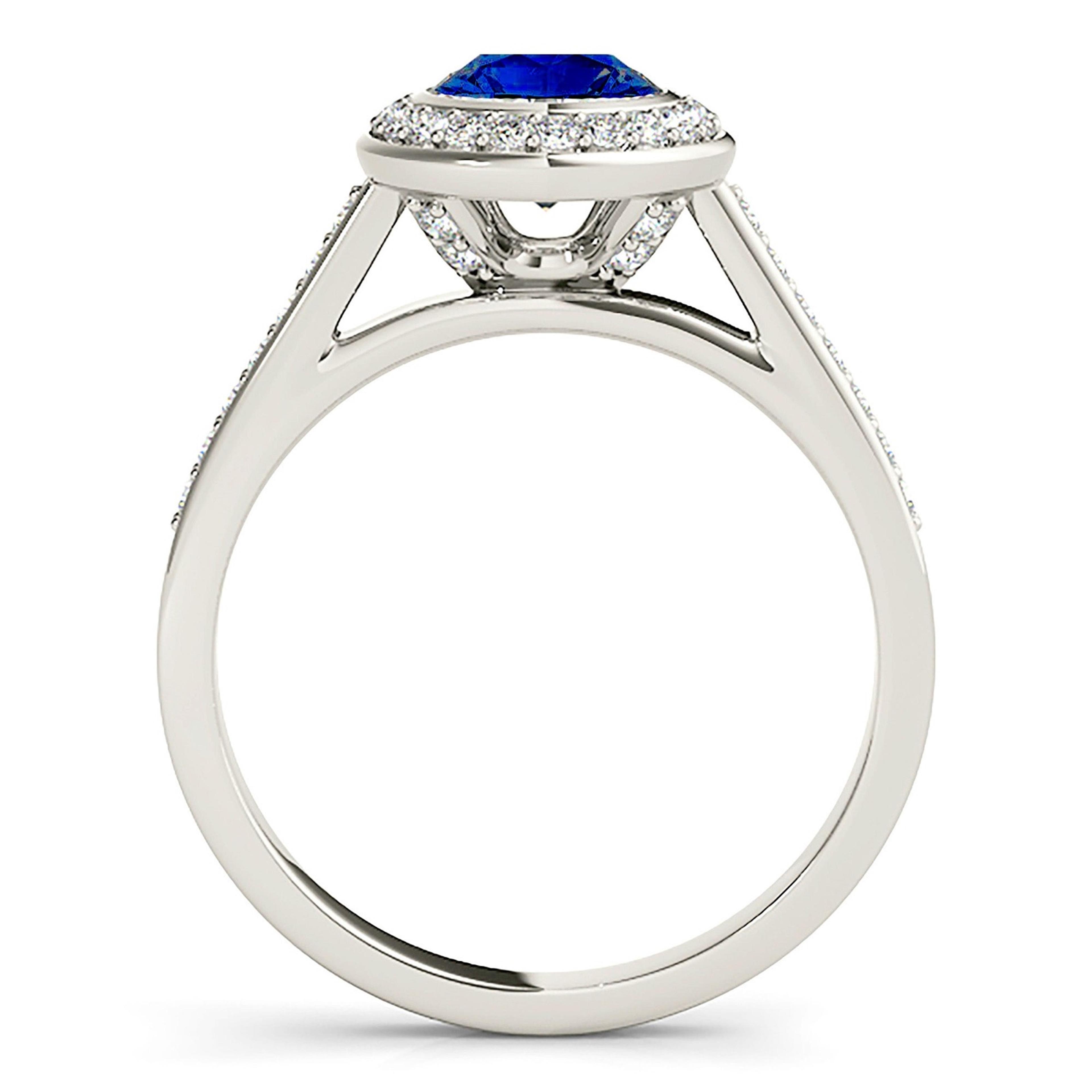 1.35 ct. Genuine Blue Sapphire Halo Ring With 0.25 ctw. Under Halo And Side Diamonds-VIRABYANI