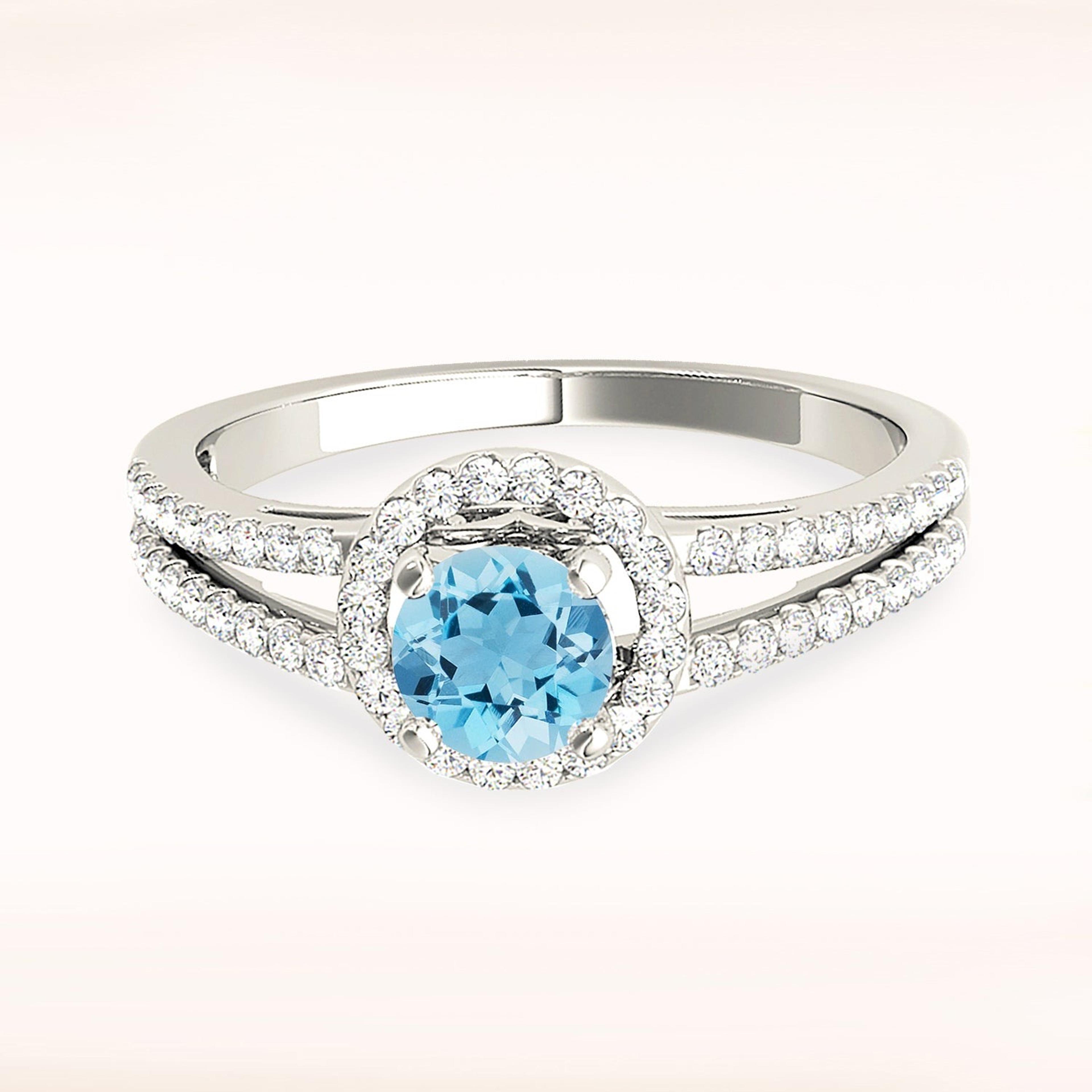 1.00 ct. Genuine Aquamarine Ring With 0.35 ctw. Diamond Halo and Delicate Split Diamond Shank | Round Blue Aquamarine Halo Ring-VIRABYANI