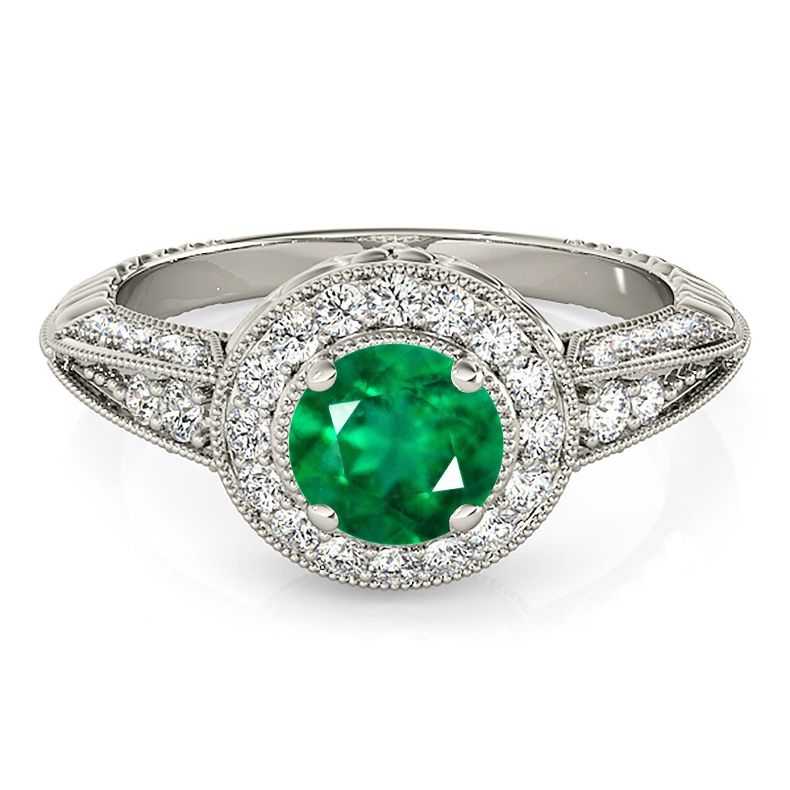2.00 ct. Genuine Emerald Vintage Inspired Halo Ring With Filigree and 0.40 ctw. Side Diamonds-VIRABYANI