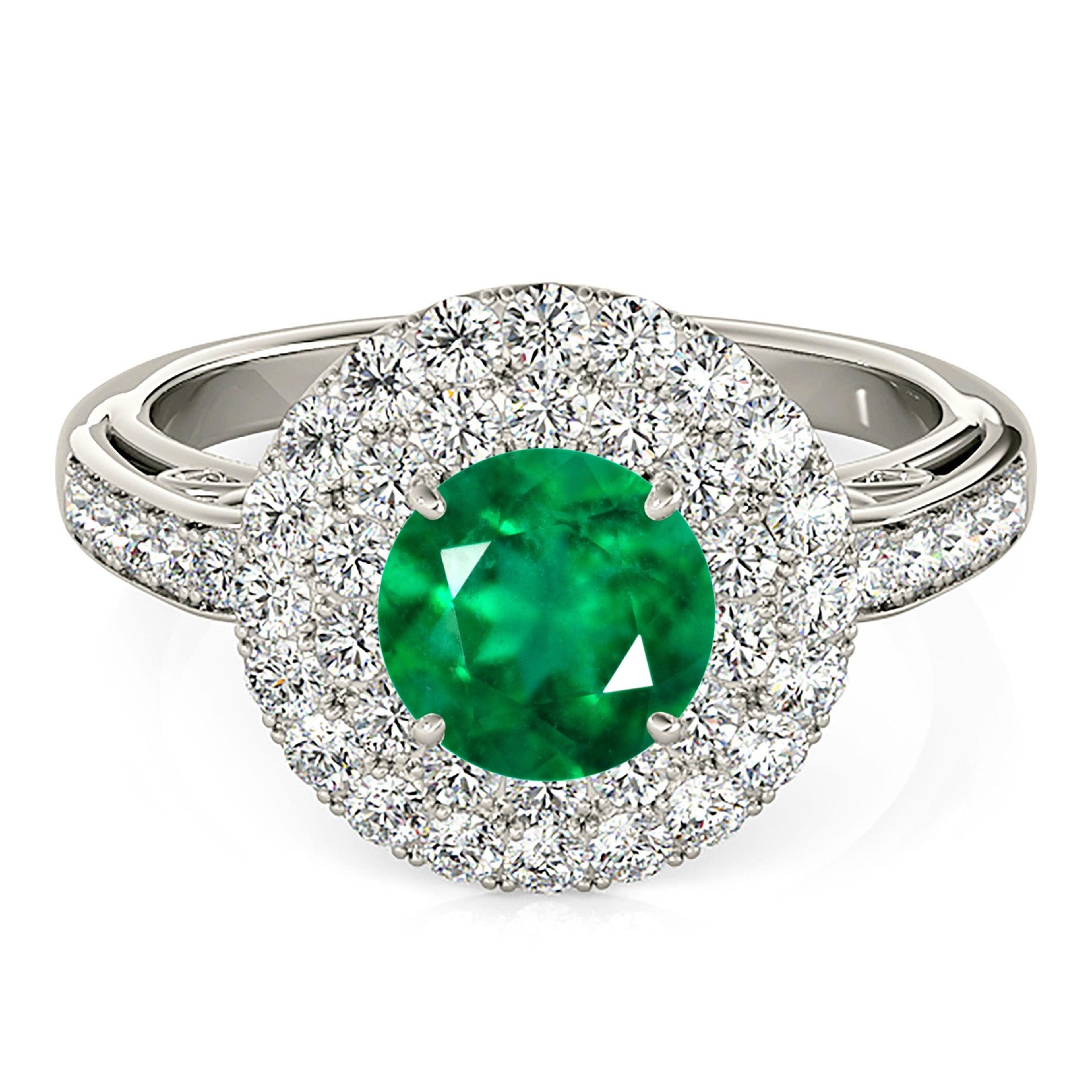 1.14 ct. Genuine Emerald Double Halo Ring With 1.00 ctw. Pave Set Under Halo and Side Diamonds-VIRABYANI