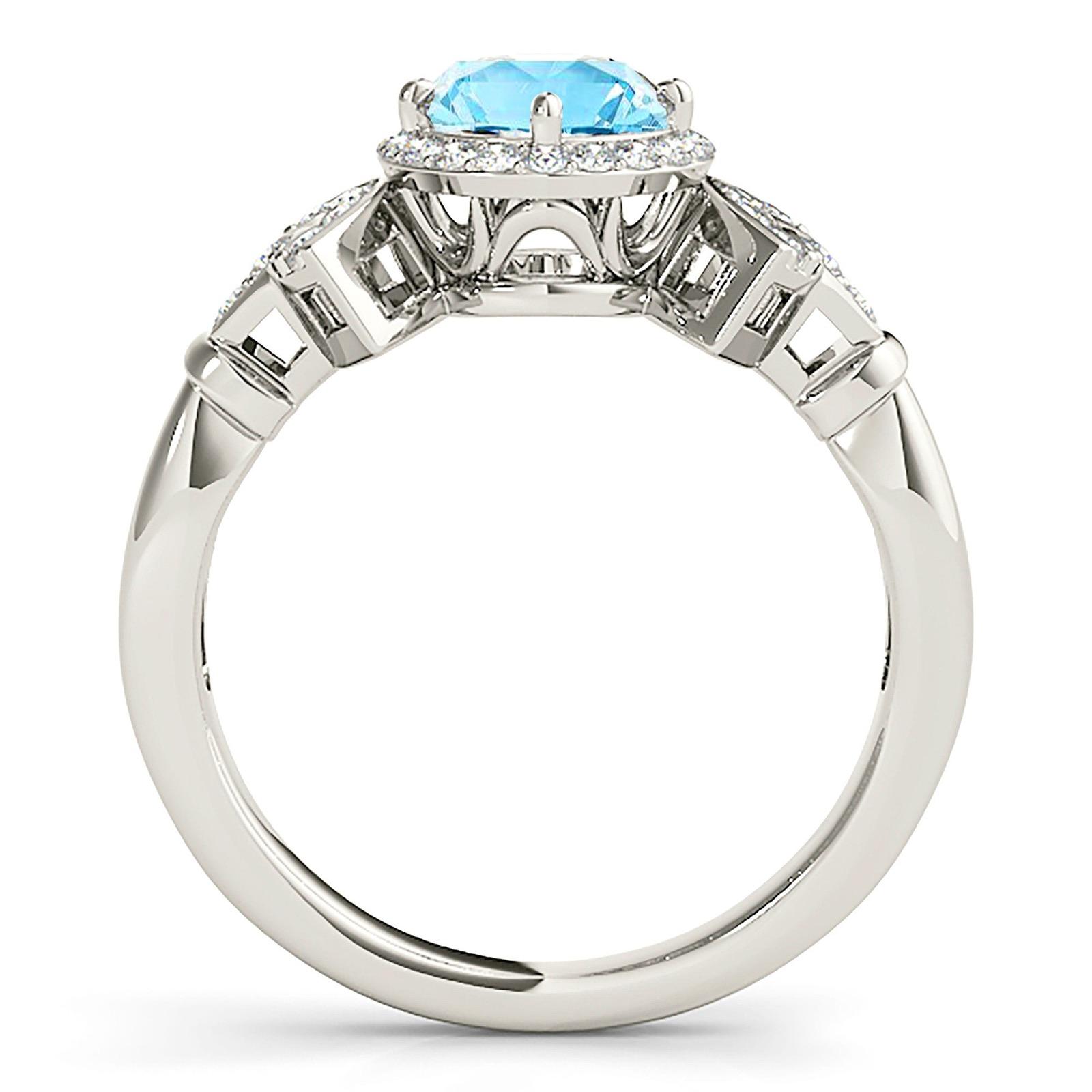1.63 ct. Genuine Aquamarine Ring With 0.25 ctw. Diamond Halo And Fancy Diamond Band, Hand Carved Basket | Round Blue Aquamarine Halo Ring-VIRABYANI