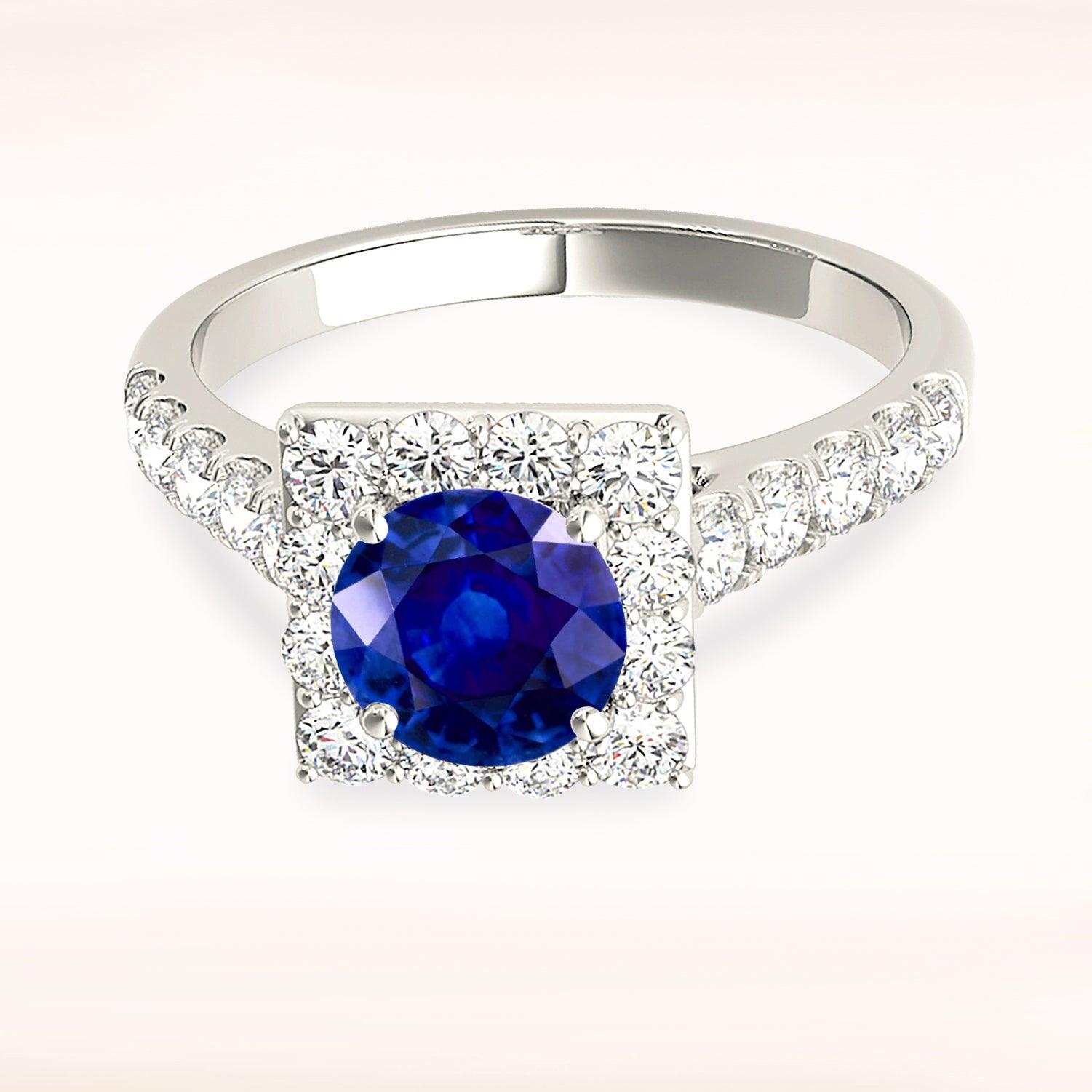 1.35 ct. Genuine Round Blue Sapphire Square Halo Ring With 0.75 ctw. Diamonds-VIRABYANI