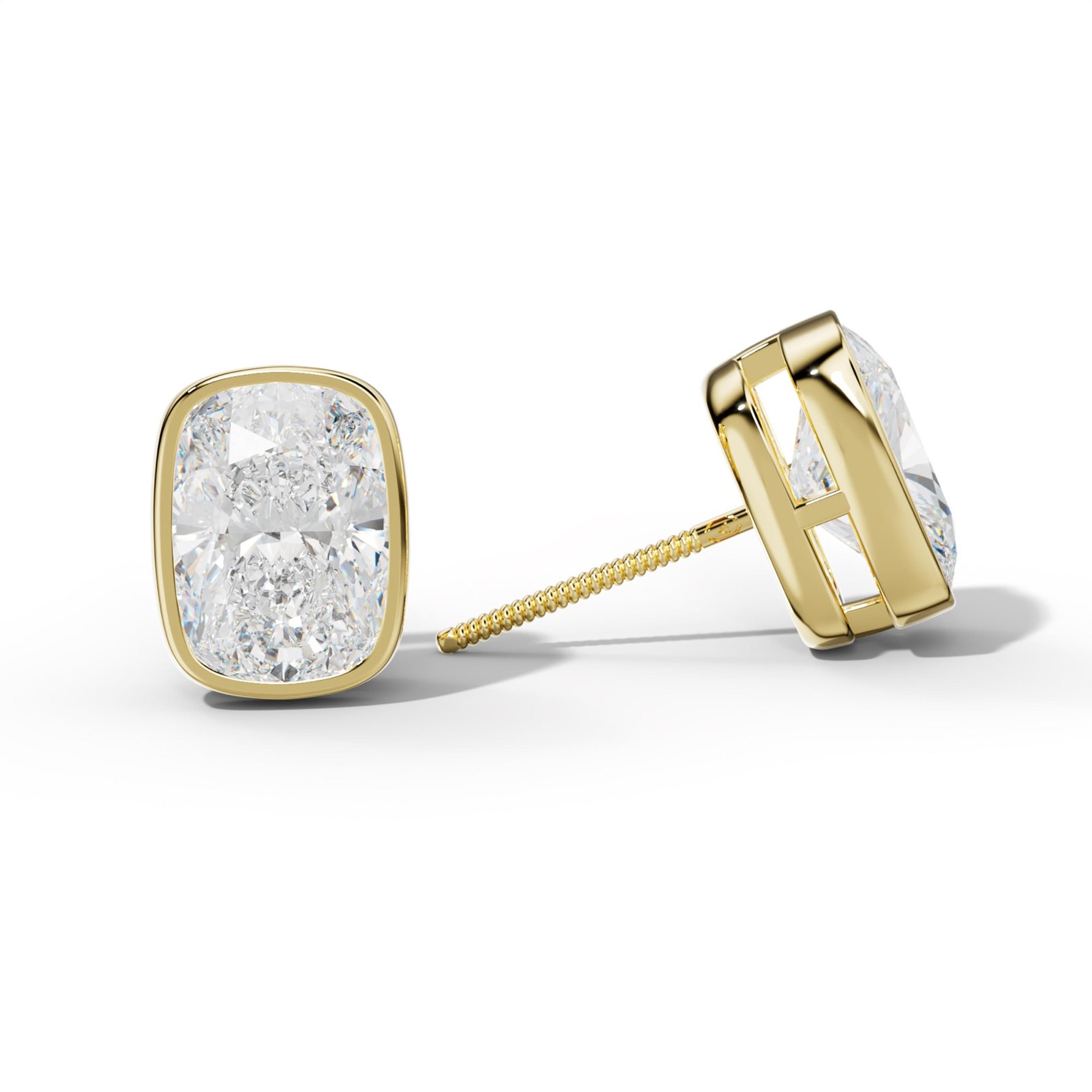 Elongated Cushion Diamond Stud Earrings With Bezel Setting