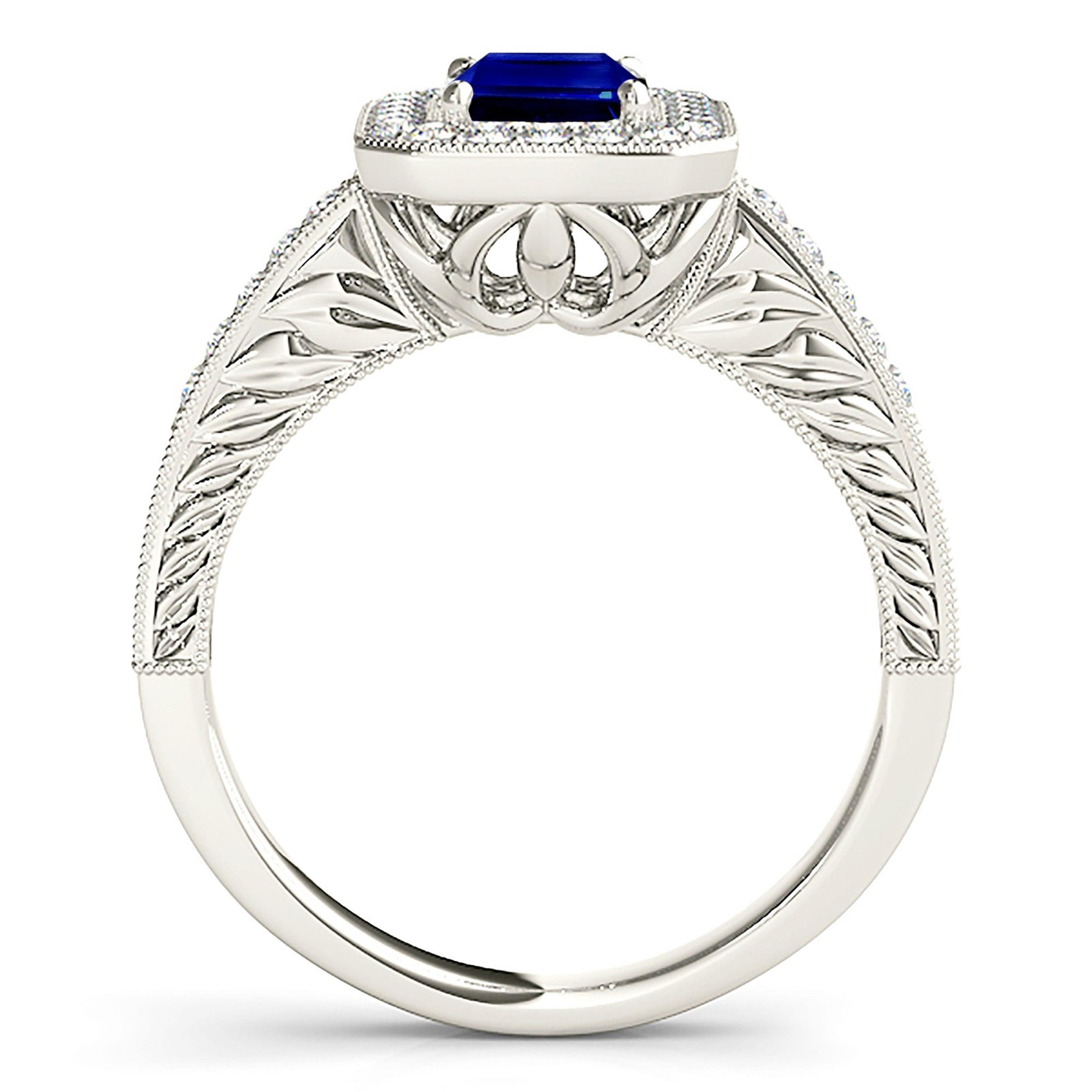 1.15 ct. Genuine Blue Emerald Cut Sapphire Ring With 0.35 ctw. Diamond Milgrain Halo, Filigree Band | Natural Sapphire And Diamond Ring-VIRABYANI