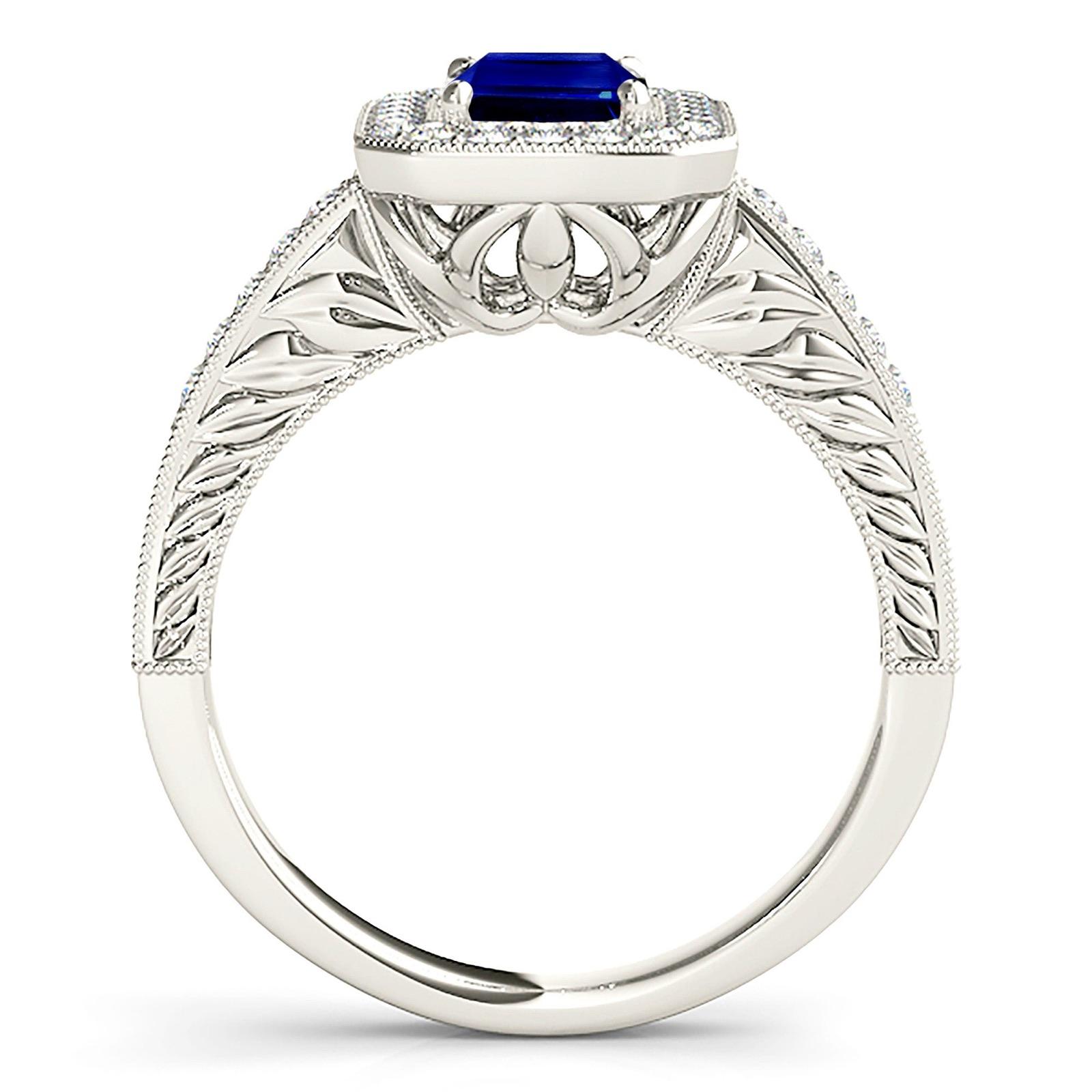 1.15 ct. Genuine Blue Emerald Cut Sapphire Ring With 0.35 ctw. Diamond Milgrain Halo, Filigree Band | Natural Sapphire And Diamond Ring-VIRABYANI