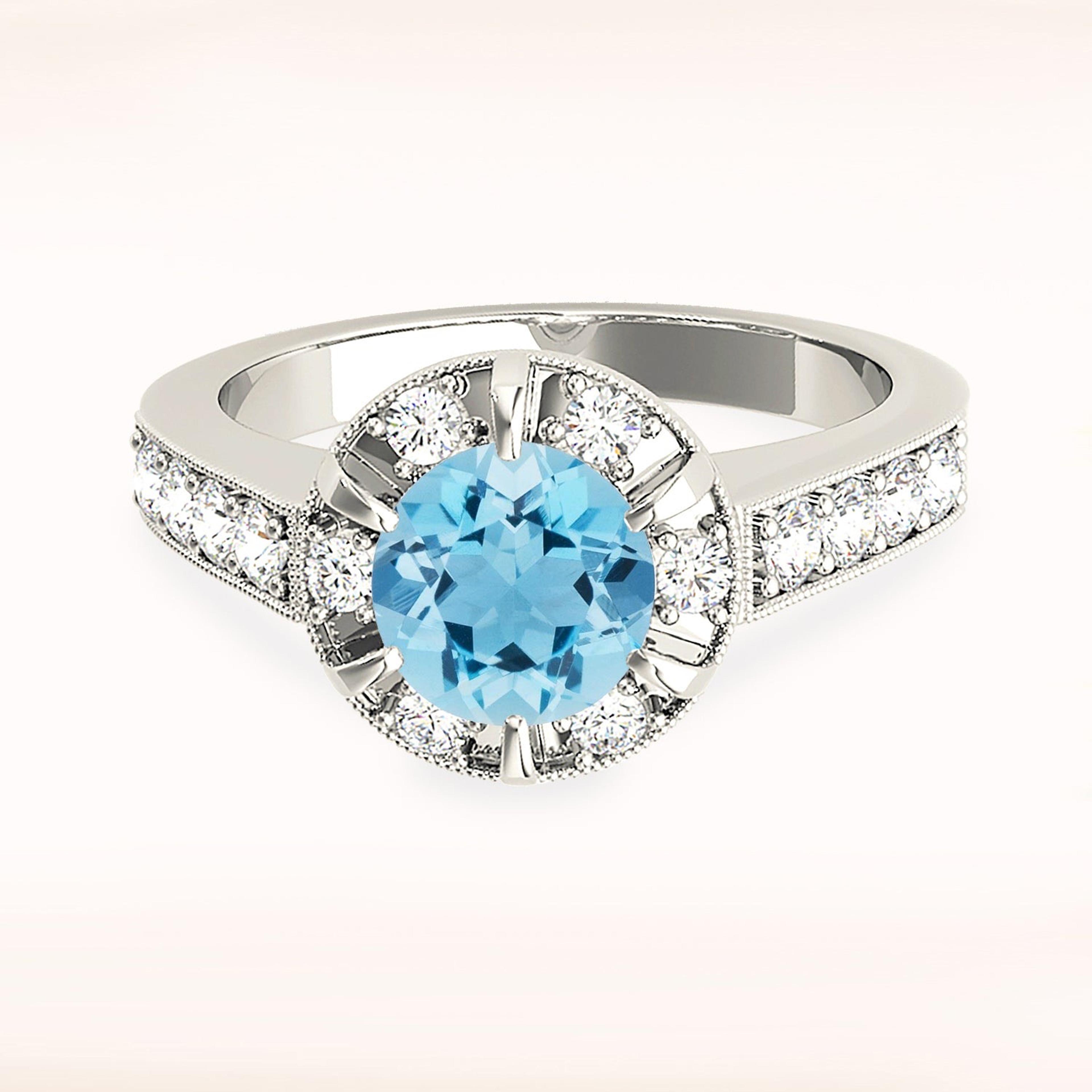 1.63 ct. Genuine Aquamarine Ring With 0.75 ctw. Diamond Bar And Prong Set Halo, Milgrain Design Diamond Band | Round Blue Aquamarine Halo Ring-VIRABYANI