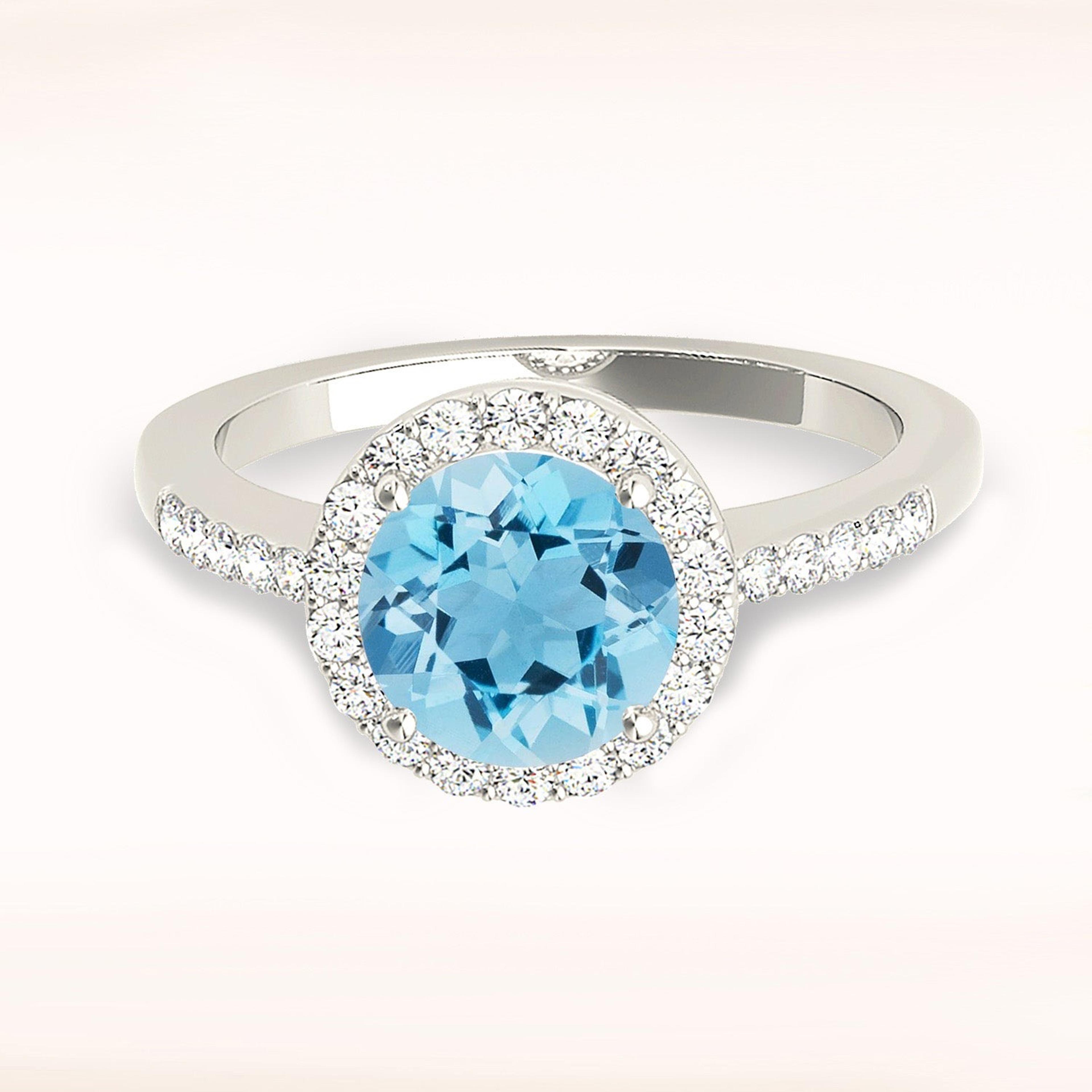 2.00 ct. Genuine Aquamarine Ring With 0.20 ctw. Diamond Halo, Delicate Diamond Band And Hand Carved Basket | Round Blue Aquamarine Halo Ring-VIRABYANI