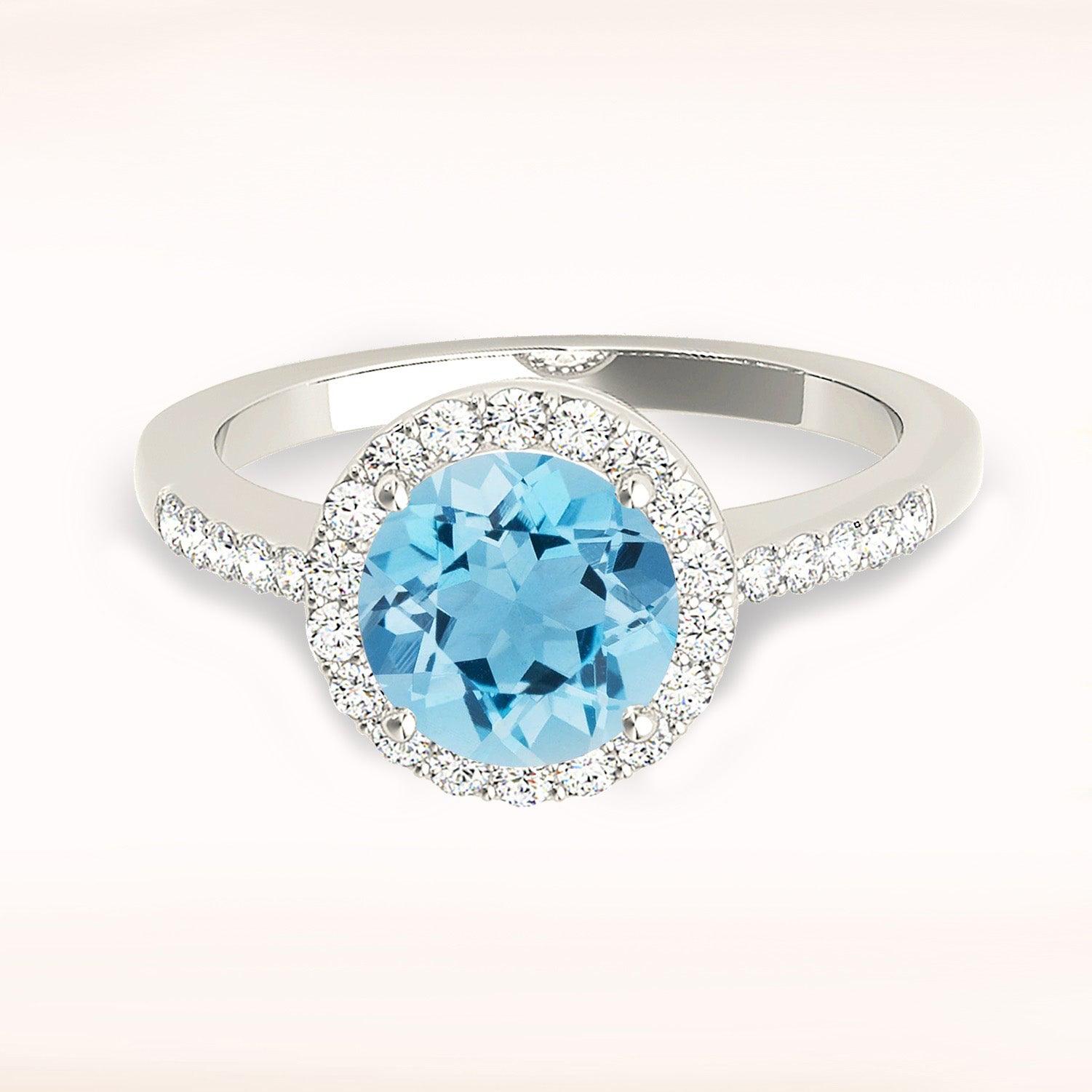 2.00 ct. Genuine Aquamarine Ring With 0.20 ctw. Diamond Halo, Delicate Diamond Band And Hand Carved Basket | Round Blue Aquamarine Halo Ring-VIRABYANI