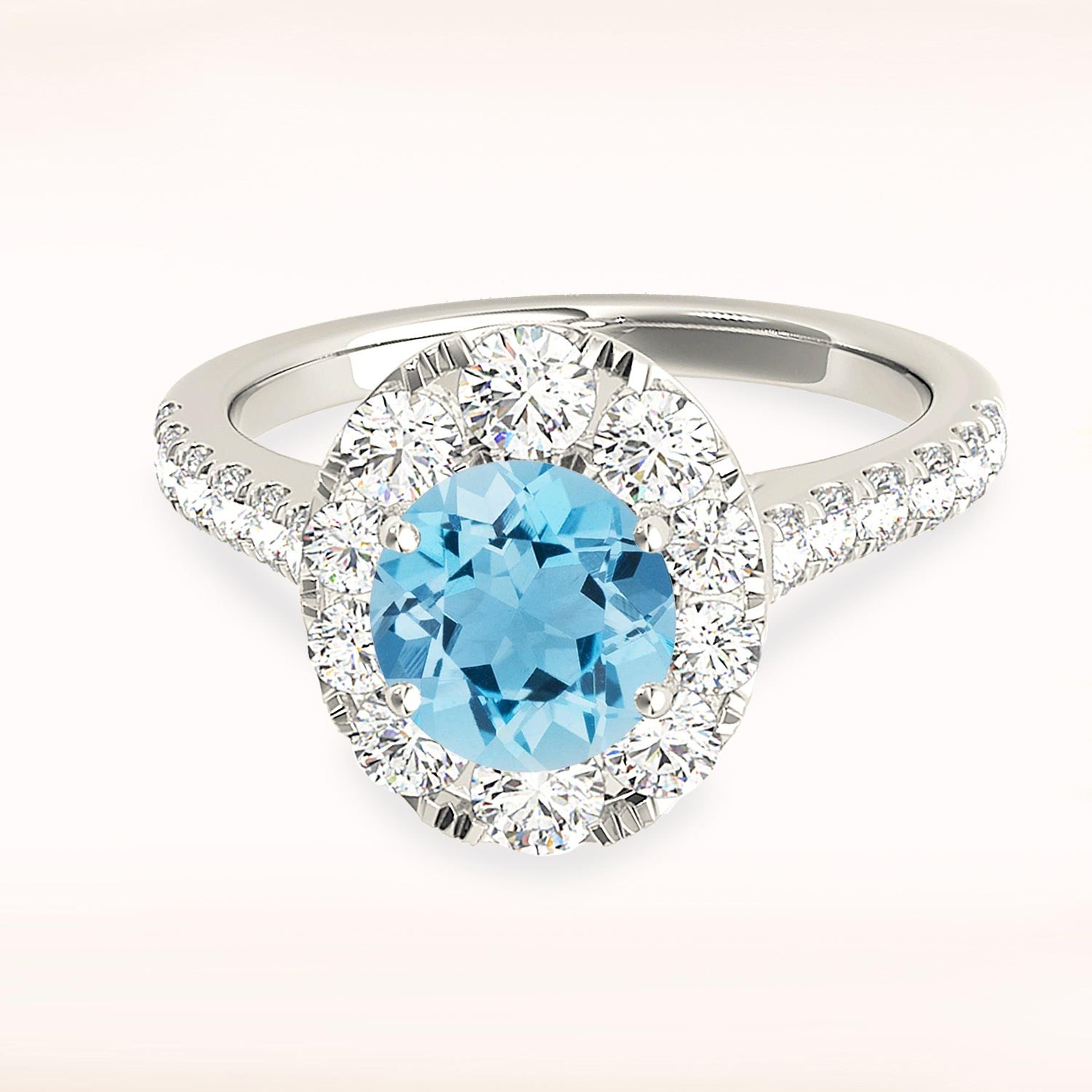 1.10 ct. Genuine Aquamarine Ring With 0.90 ctw. Diamond Oval Halo And Delicate Diamond Band | Round Blue Aquamarine Halo Ring-VIRABYANI