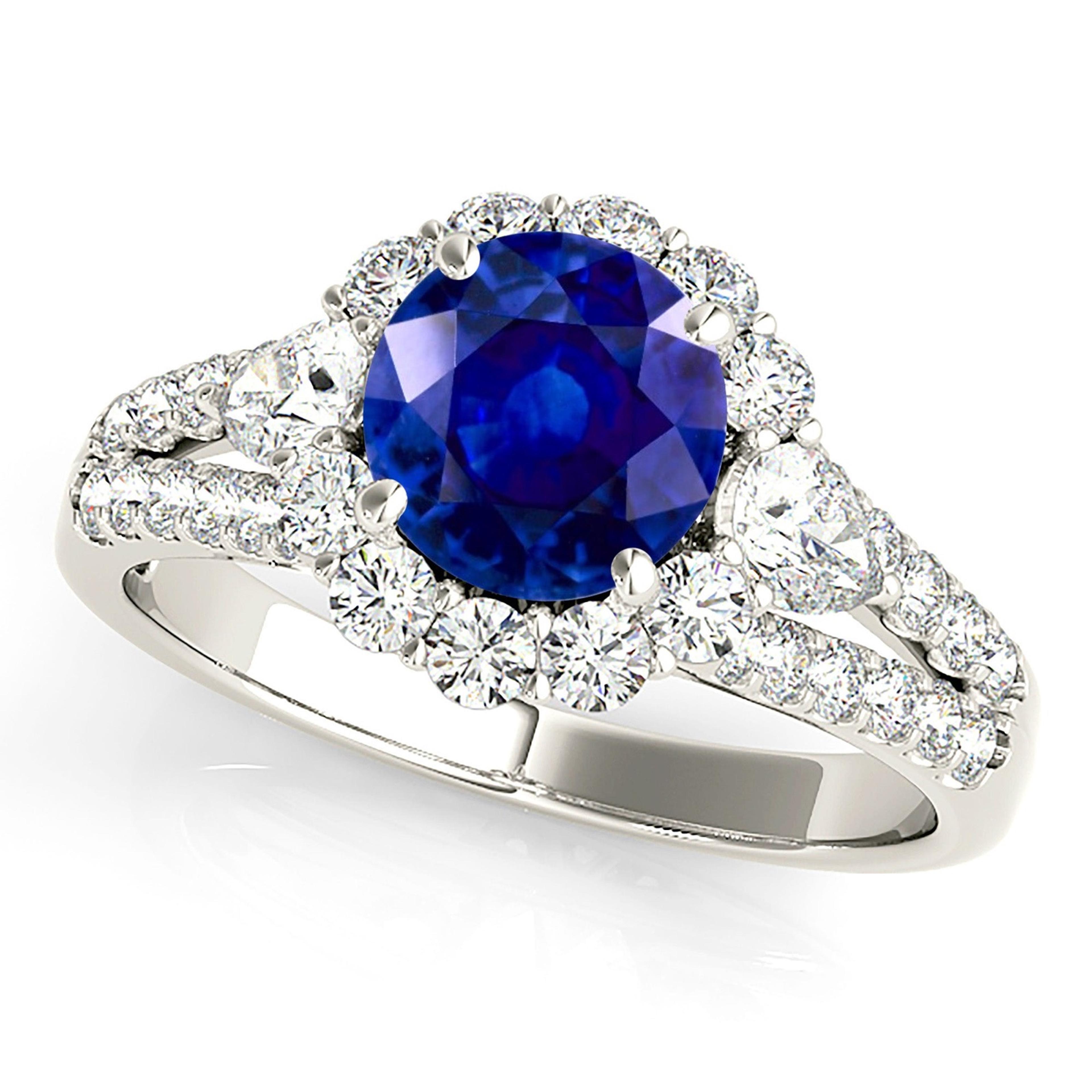1.35 ct. Genuine Blue Sapphire Split Shank Halo Ring With 0.90 ctw. Round and Pear Shape Diamonds-VIRABYANI