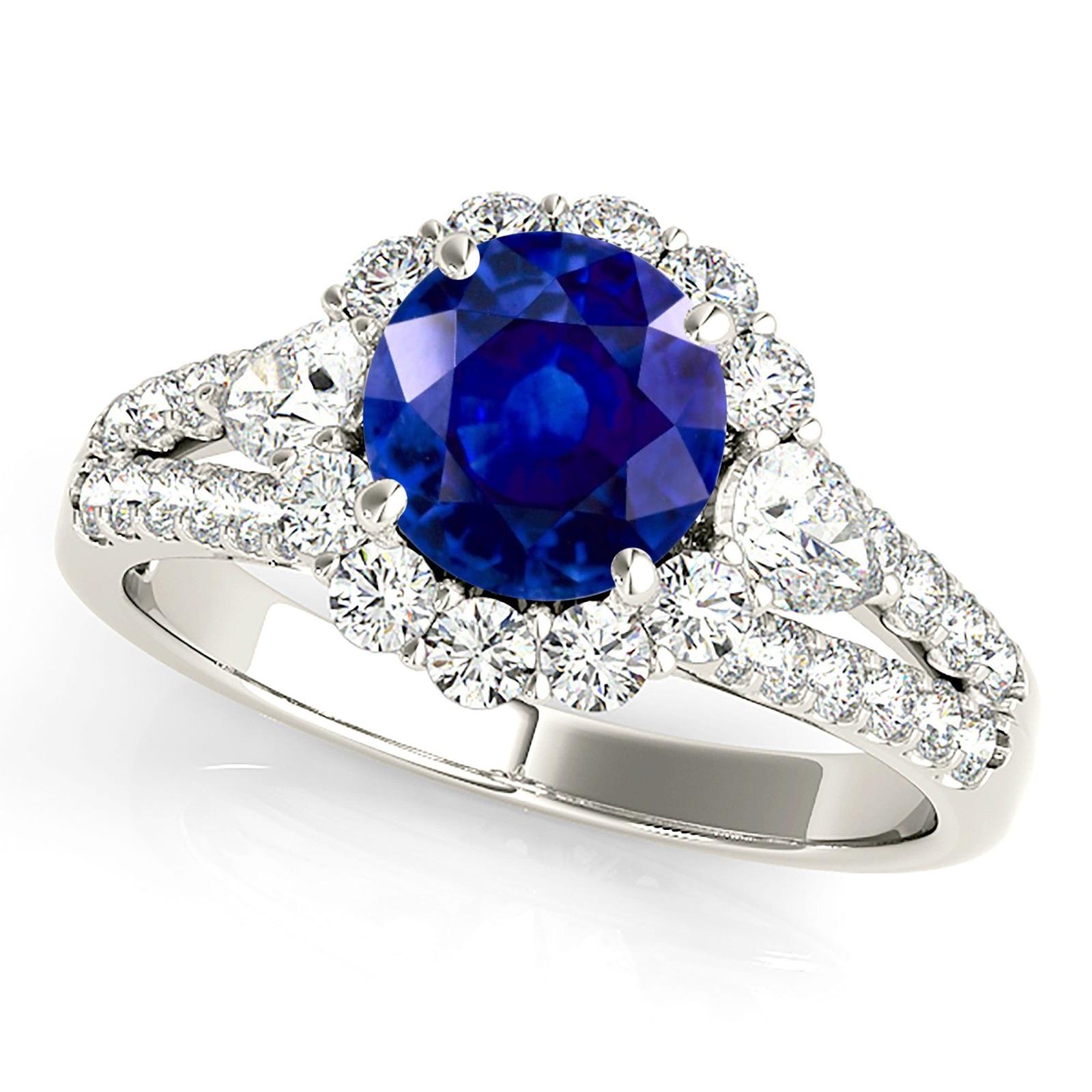 1.35 ct. Genuine Blue Sapphire Split Shank Halo Ring With 0.90 ctw. Round and Pear Shape Diamonds-VIRABYANI