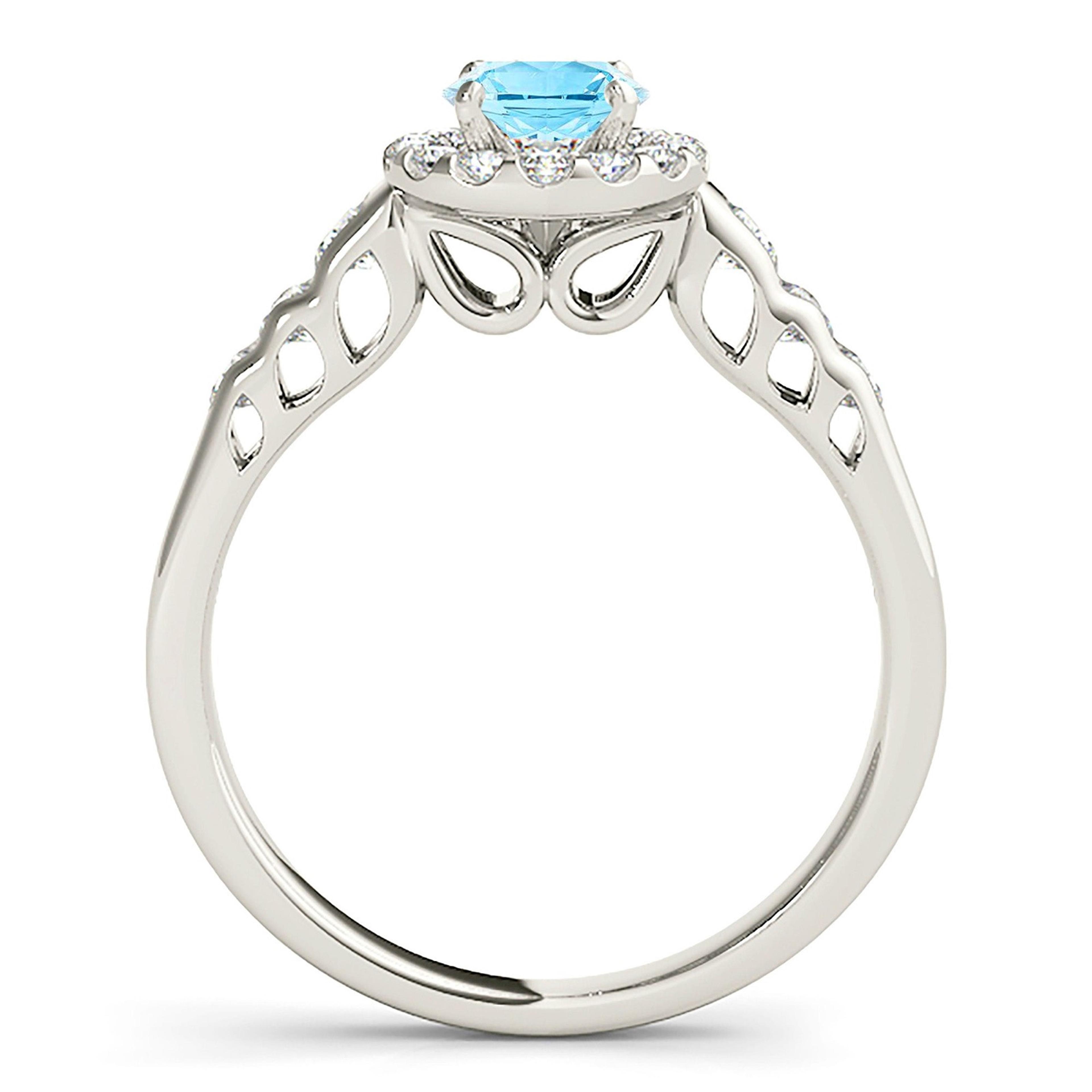 1.10 ct. Genuine Aquamarine Ring With 0.50 ctw. Diamond Halo, Diamond Band, Open Leaf Shape Design Sides | Round Blue Aquamarine Halo Ring-VIRABYANI