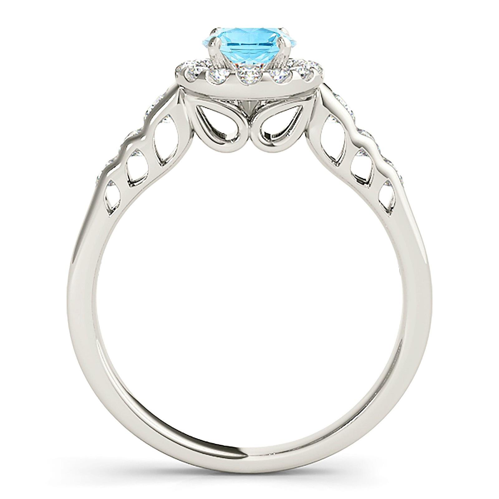 1.10 ct. Genuine Aquamarine Ring With 0.50 ctw. Diamond Halo, Diamond Band, Open Leaf Shape Design Sides | Round Blue Aquamarine Halo Ring-VIRABYANI