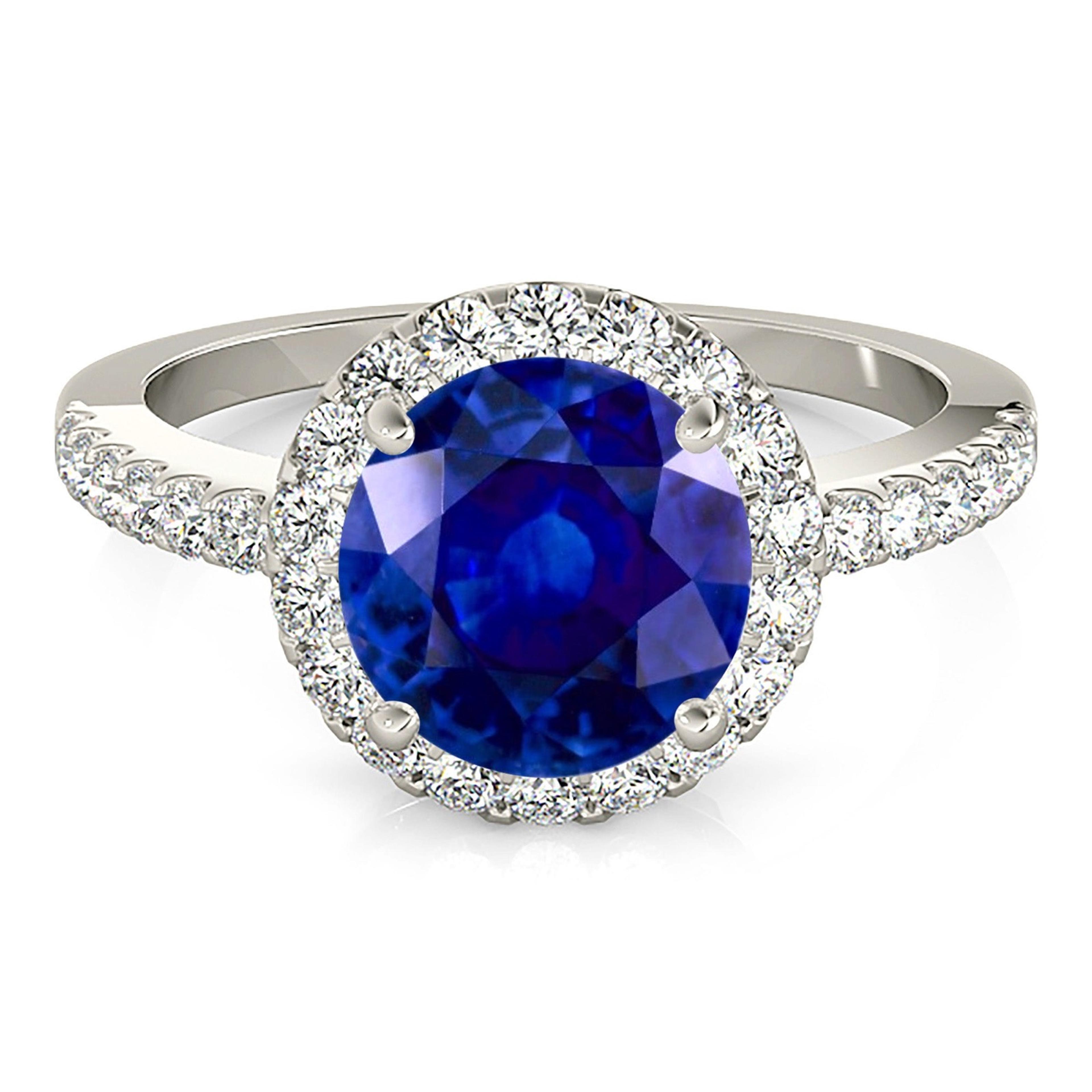 2.41 ct. Genuine Blue Sapphire Halo Ring With 0.45 ctw. Side Diamonds-VIRABYANI