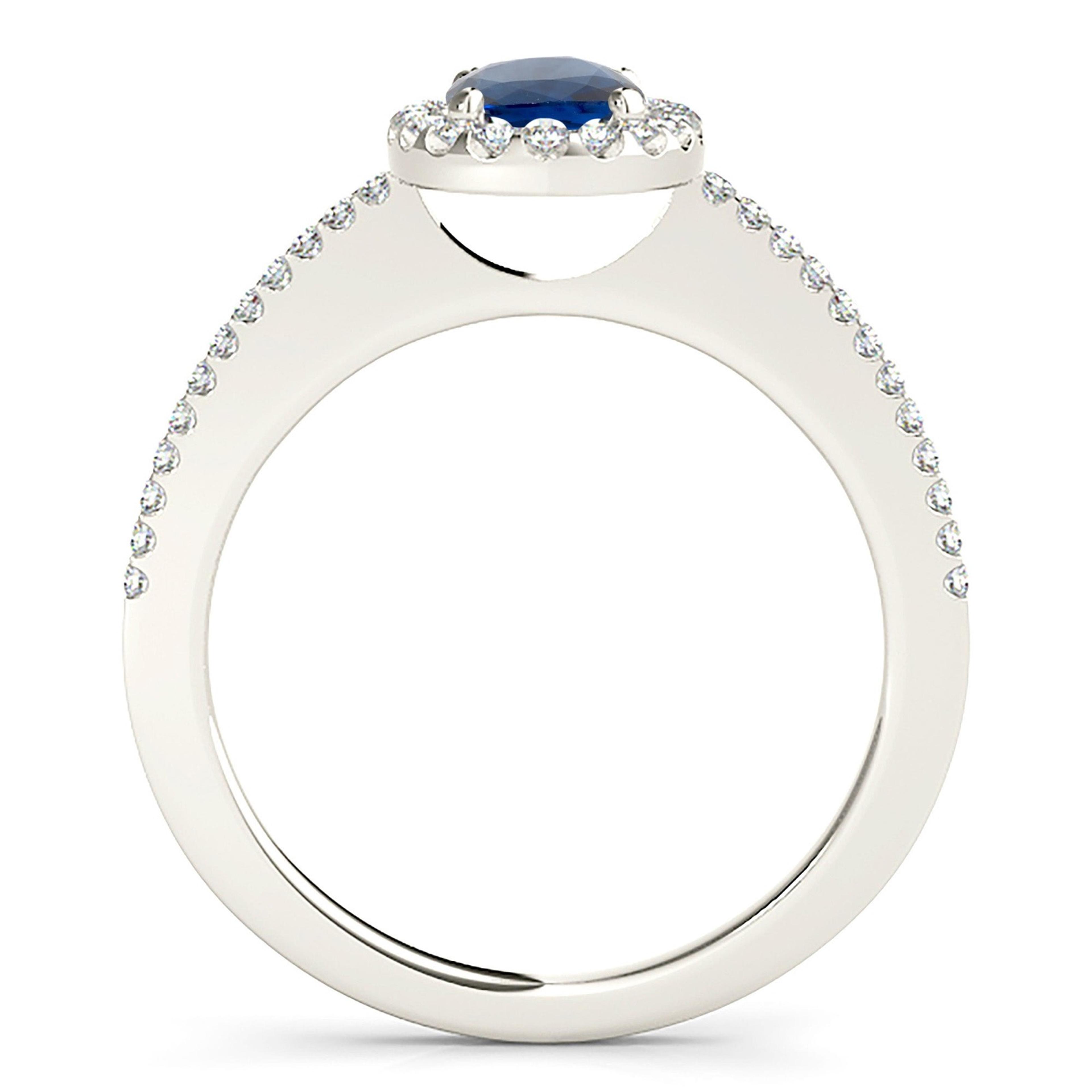 1.00 ct. Genuine Blue Oval Sapphire Ring With 0.20 ctw. Diamond Halo, Thin Diamond Band, Open Gallery | Natural Sapphire And Diamond Ring-VIRABYANI