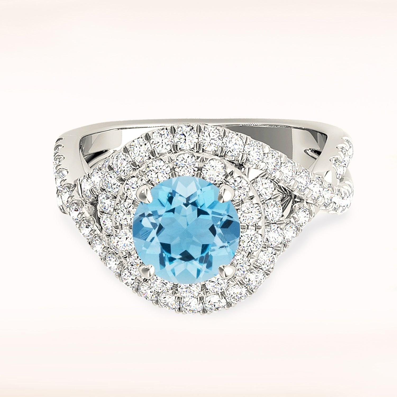 1.10 ct. Genuine Aquamarine Ring With 0.70 ctw. Diamond Wraparound Floral Halo And Braid Design Band | Round Blue Aquamarine Halo Ring-VIRABYANI