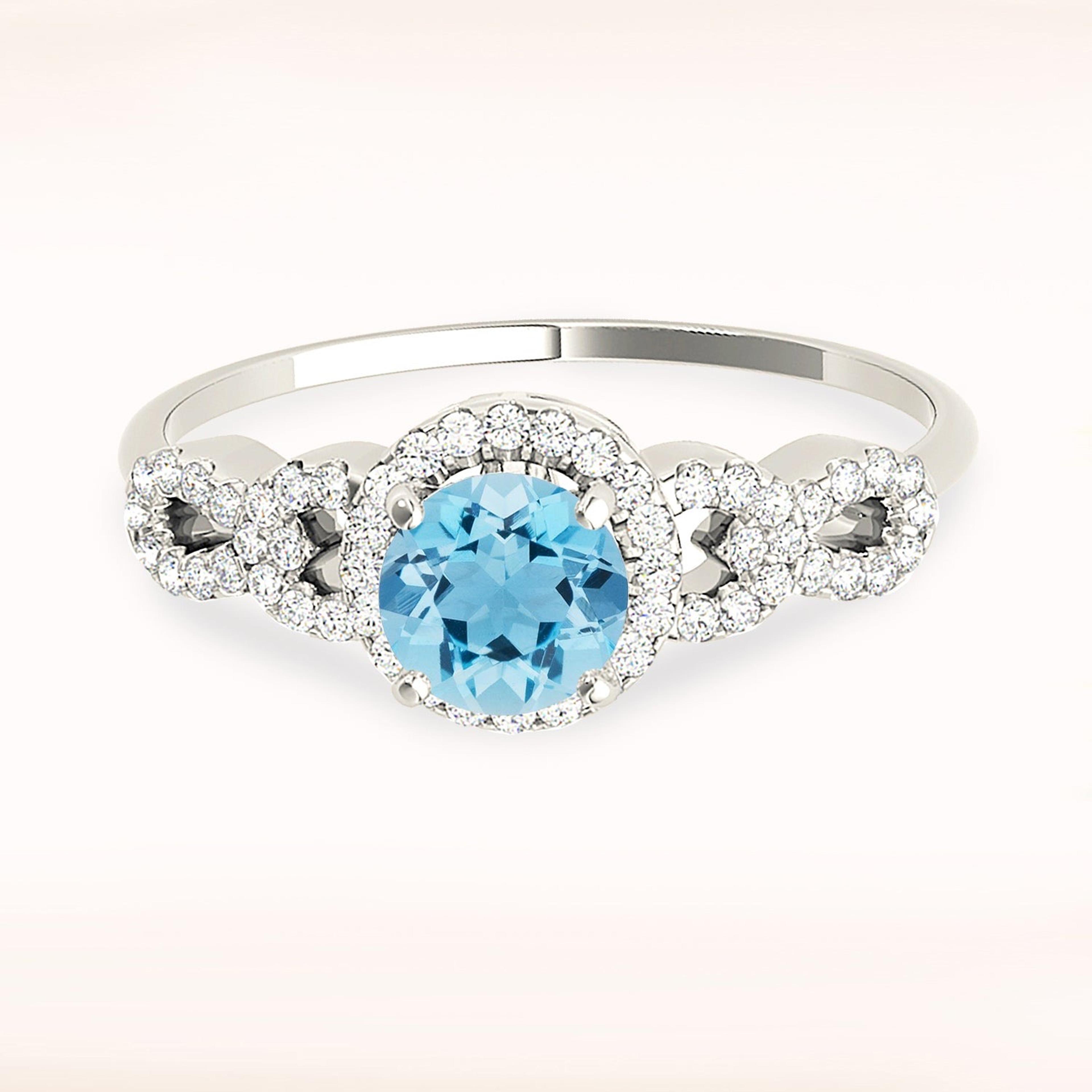 1.10 ct. Genuine Aquamarine Ring With 0.25 ctw. Diamond Halo And Open Link Diamond Band | Round Blue Aquamarine Halo Ring-VIRABYANI
