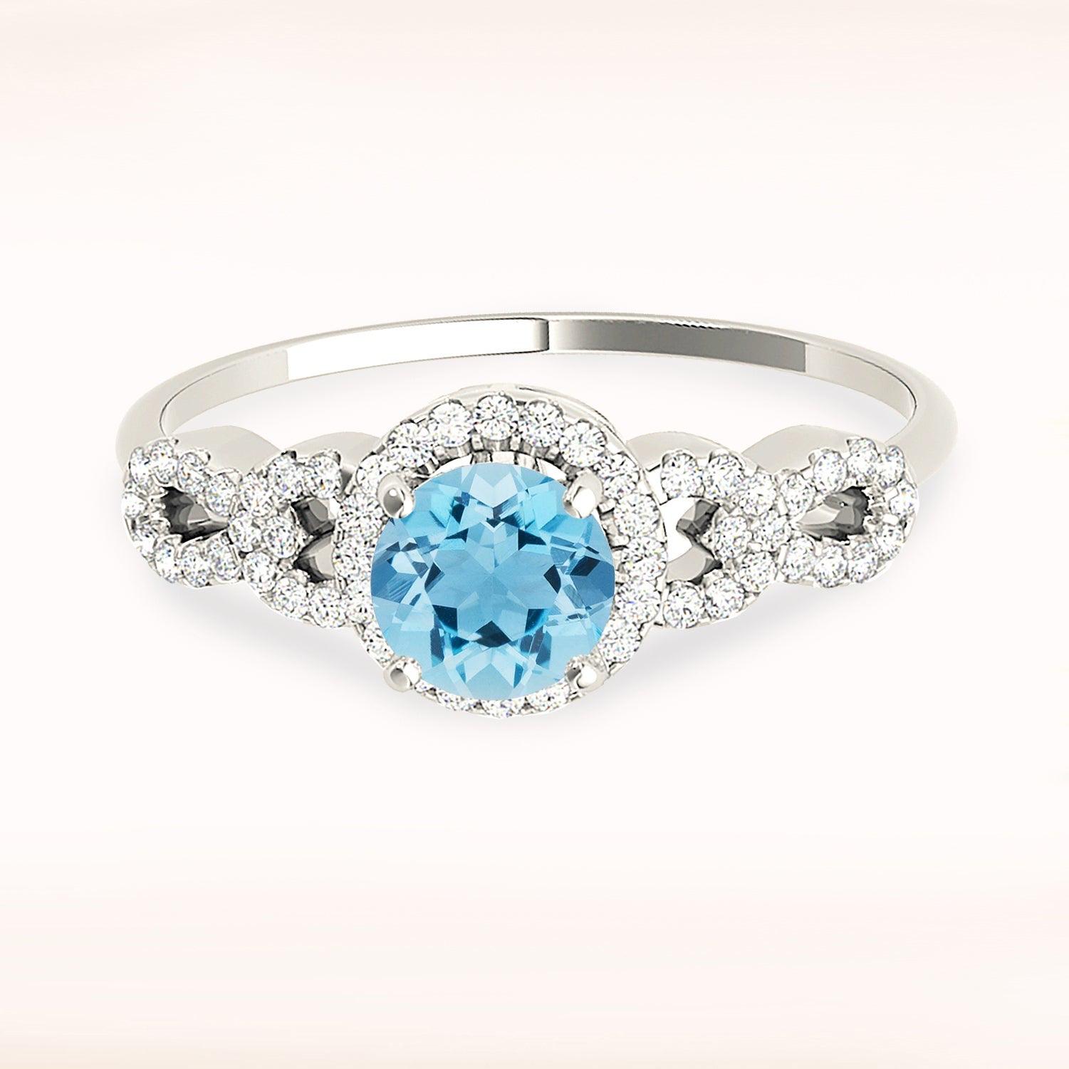 1.10 ct. Genuine Aquamarine Ring With 0.25 ctw. Diamond Halo And Open Link Diamond Band | Round Blue Aquamarine Halo Ring-VIRABYANI