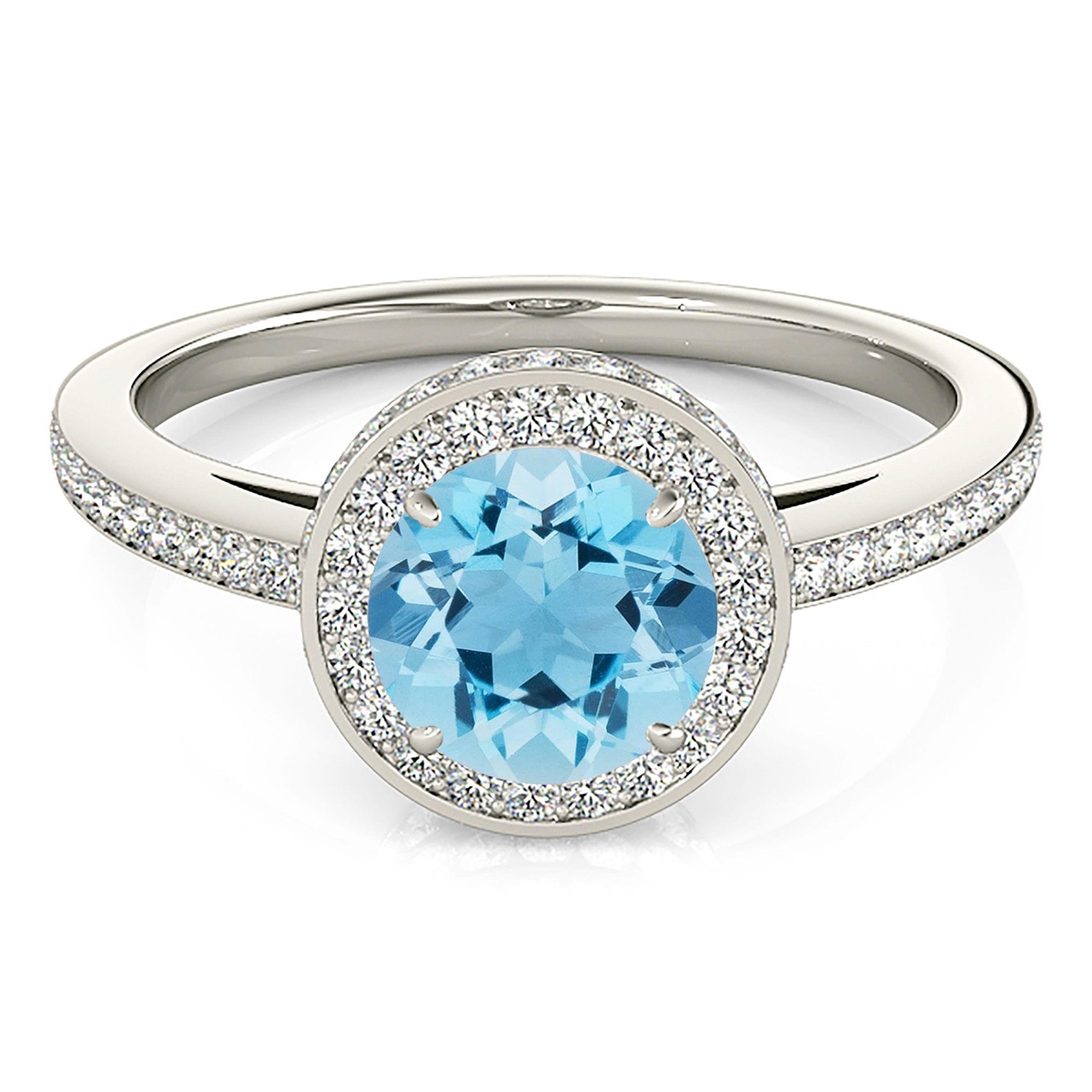 2.00 ct. Genuine Aquamarine Ring With 0.50 ctw. Diamond Halo And Delicate Diamond Band| Round Blue Aquamarine Halo Ring-VIRABYANI