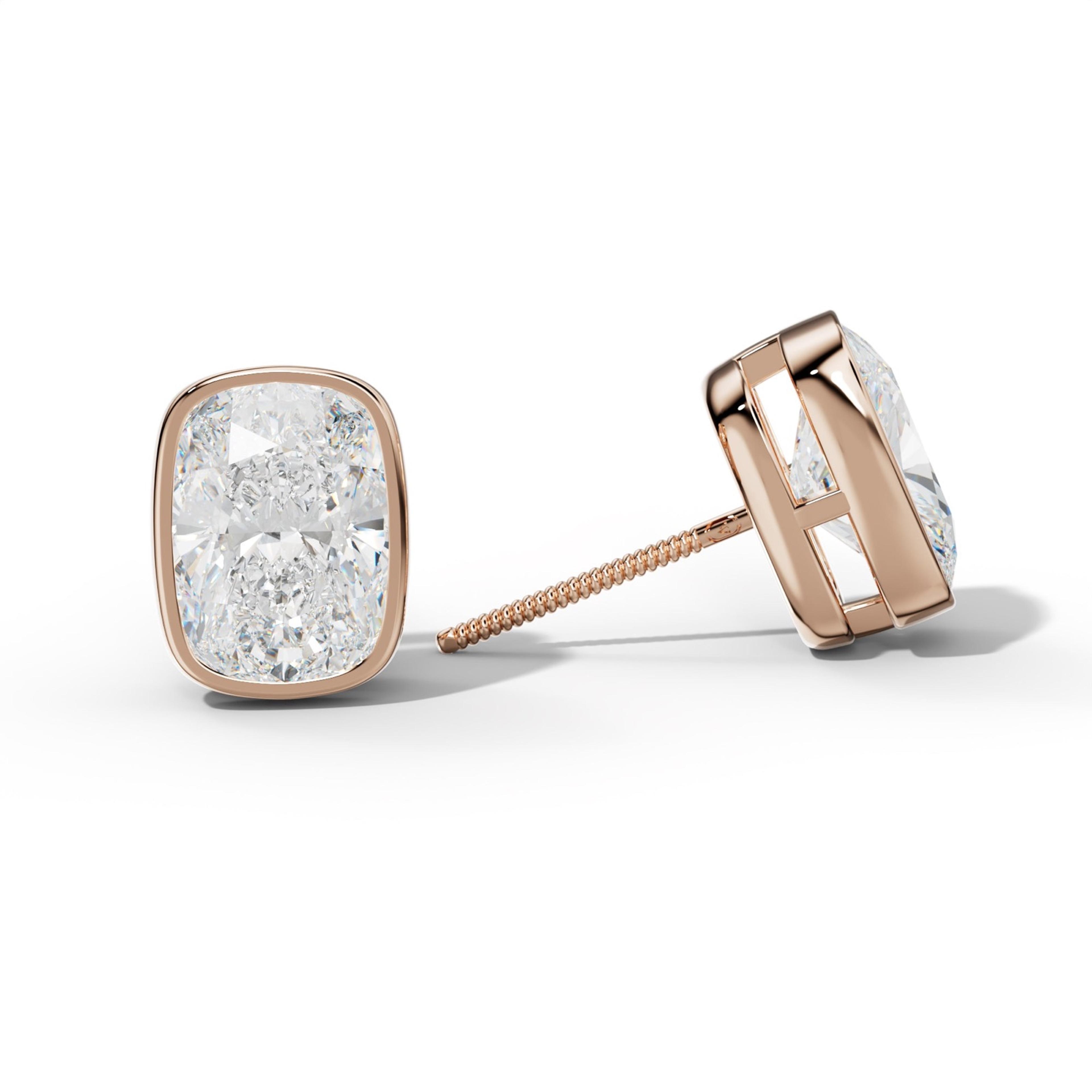 Elongated Cushion Diamond Stud Earrings With Bezel Setting