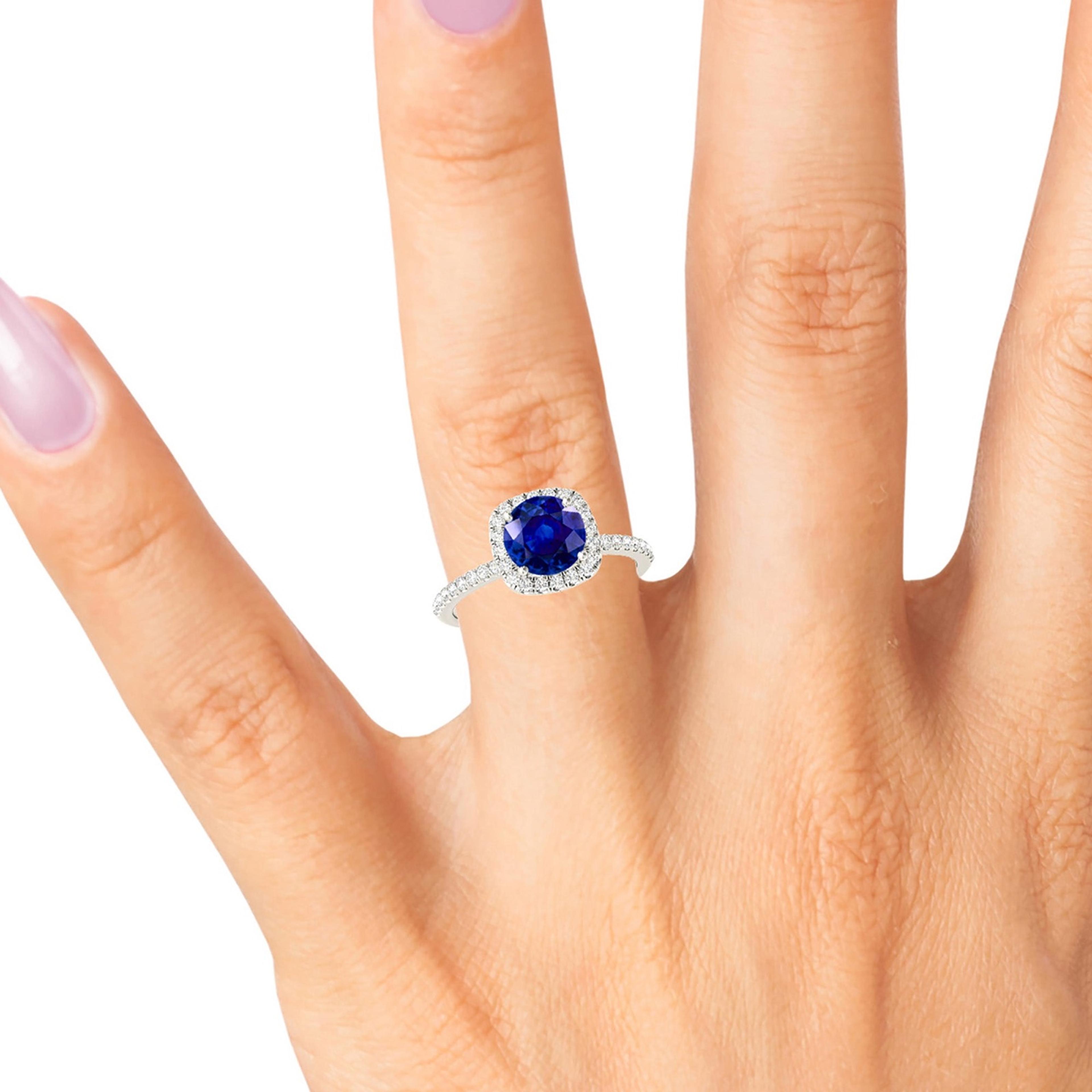1.35 ct. Genuine Blue Round Sapphire Ring With 0.20 ctw. Diamond Cushion Halo, Dainty Diamond Band | Natural Sapphire And Diamond Ring-VIRABYANI