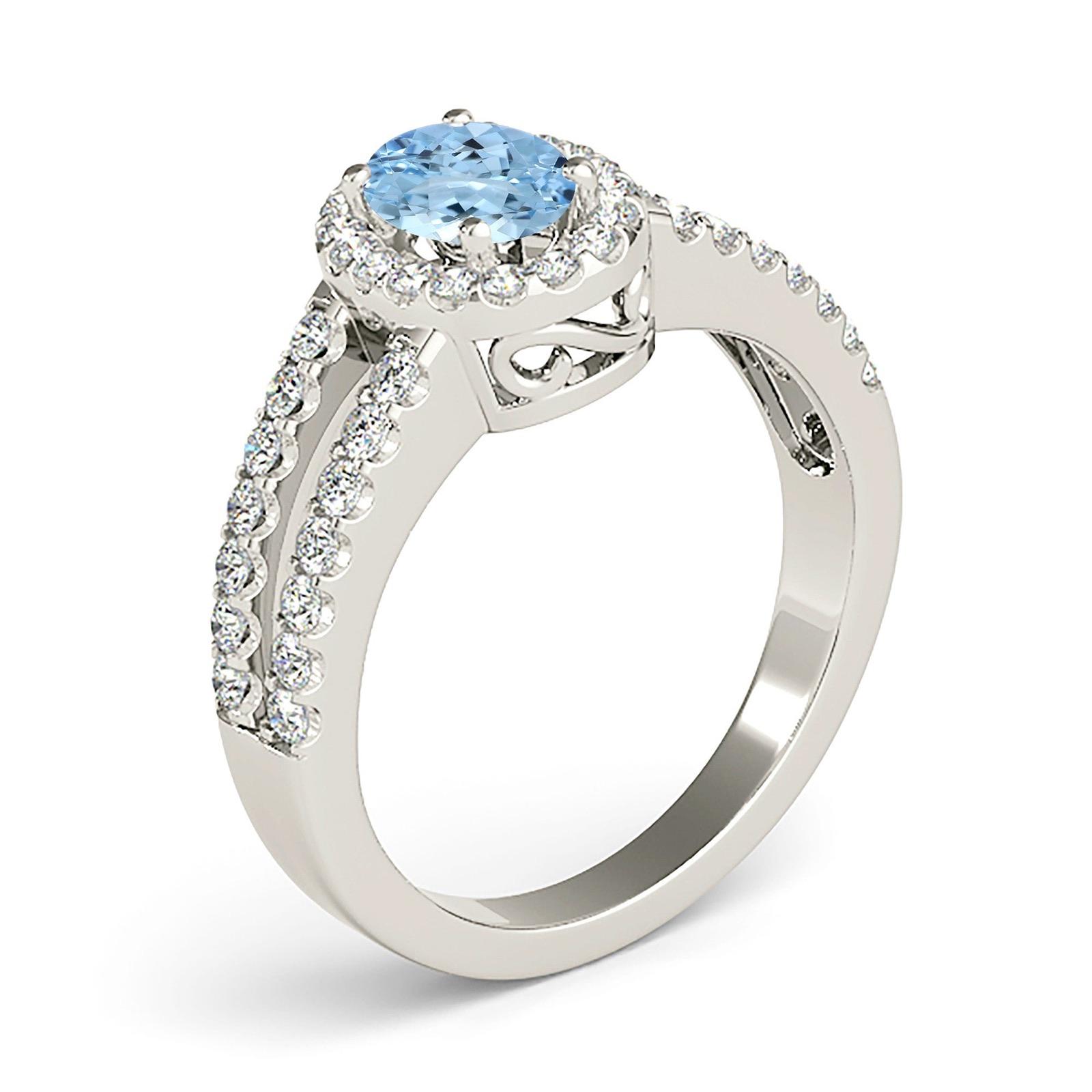 2.00 ct. Genuine Oval Aquamarine Ring With 0.50 ctw. Diamond Halo And Split Diamond Band | Oval Blue Aquamarine Halo Ring-VIRABYANI