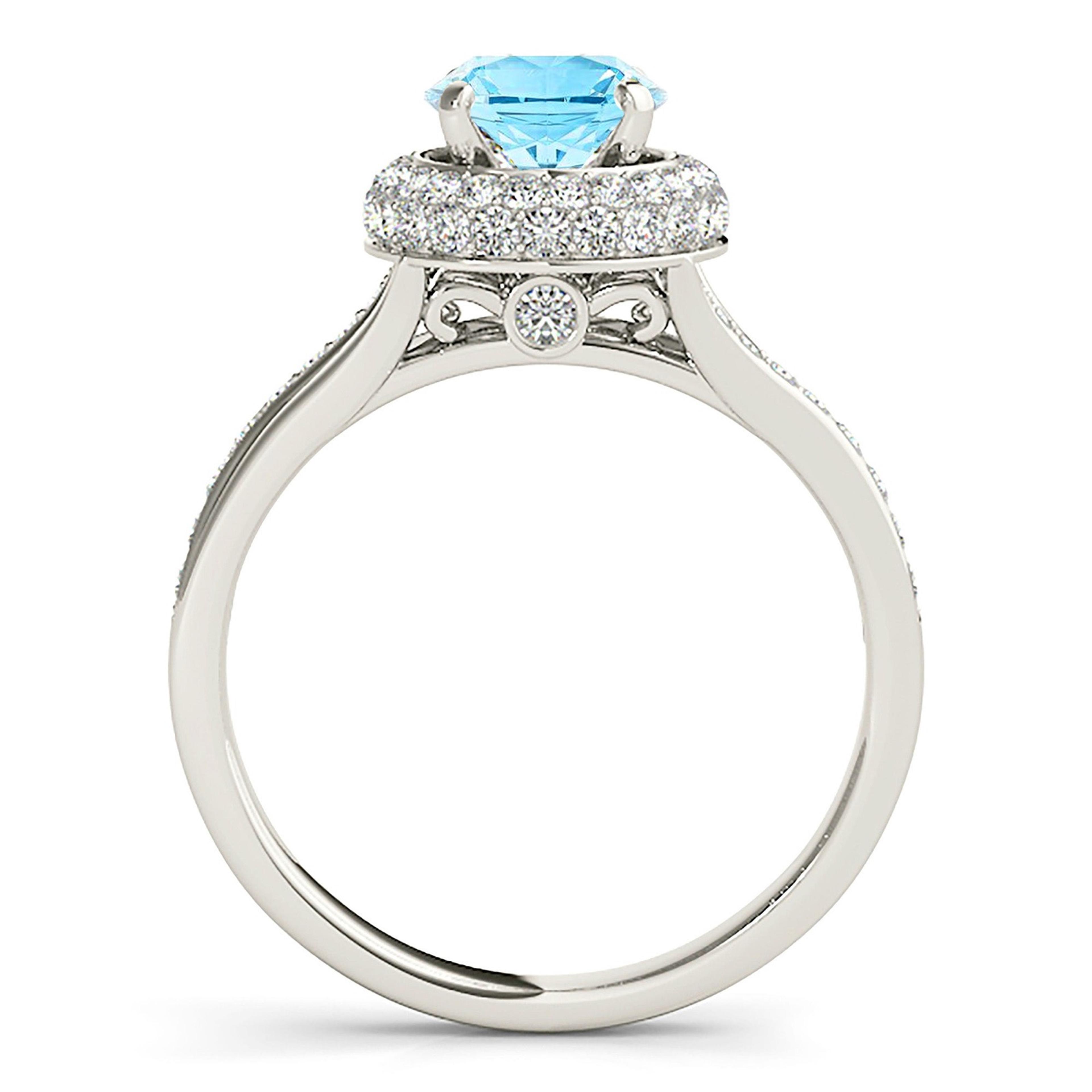 1.10 ct. Genuine Aquamarine Ring With 0.50 ctw. Diamond Double Edge Halo, Accent Diamond Side, Split V Shank | Blue Aquamarine Halo Ring-VIRABYANI