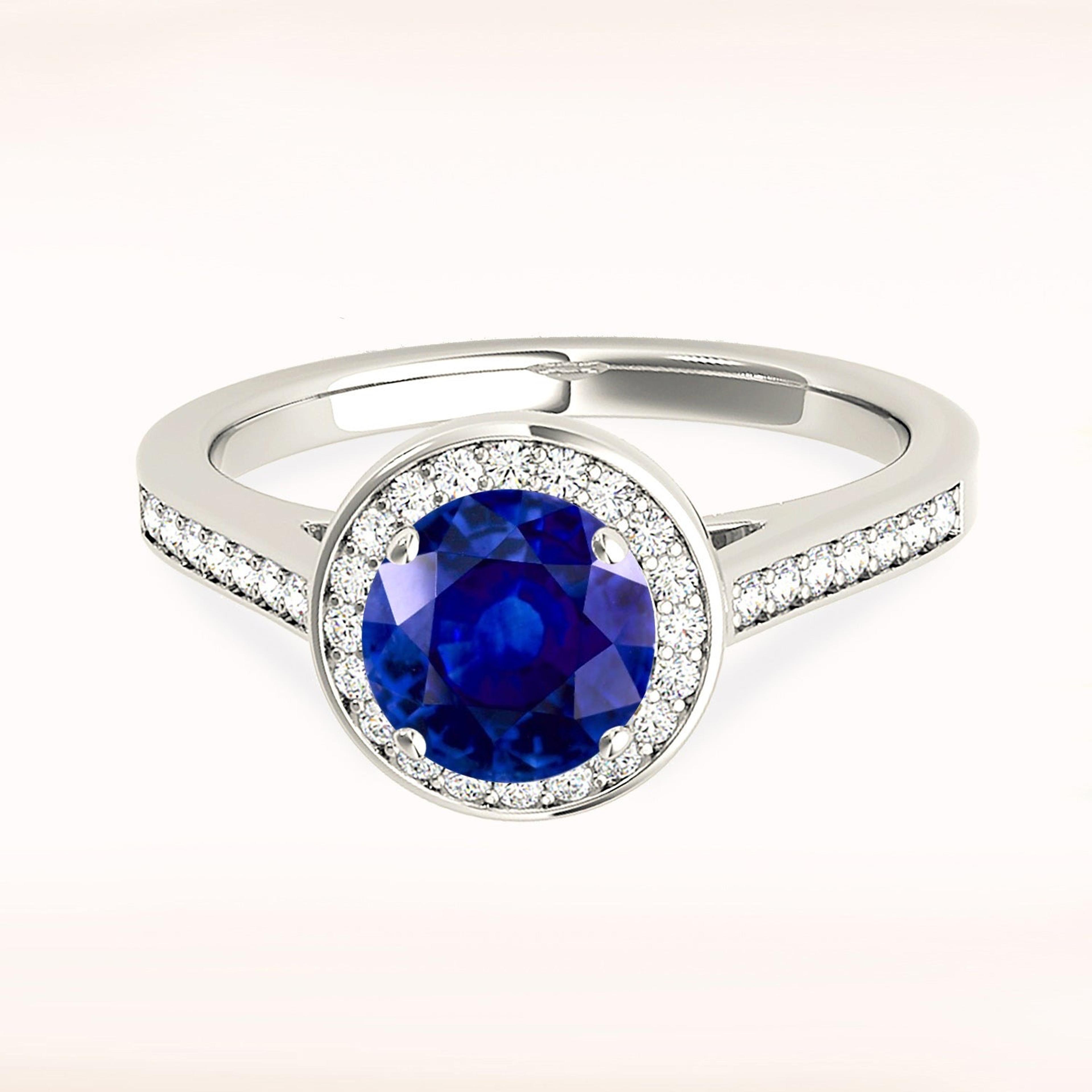 1.35 ct. Genuine Blue Sapphire Classic Halo Ring With 0.25 ctw. Side And Under Halo Diamonds-VIRABYANI